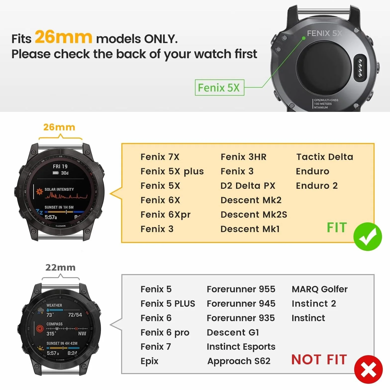 Do pasków Fenix 7X, silikonowe paski do zegarków 26 mm, zamiennik do smartwatchy Fenix 5X / Fenix 5X Plus/Fenix 6X / Fenix 6X Pro/Tactix Delta/Descent Mk2i
