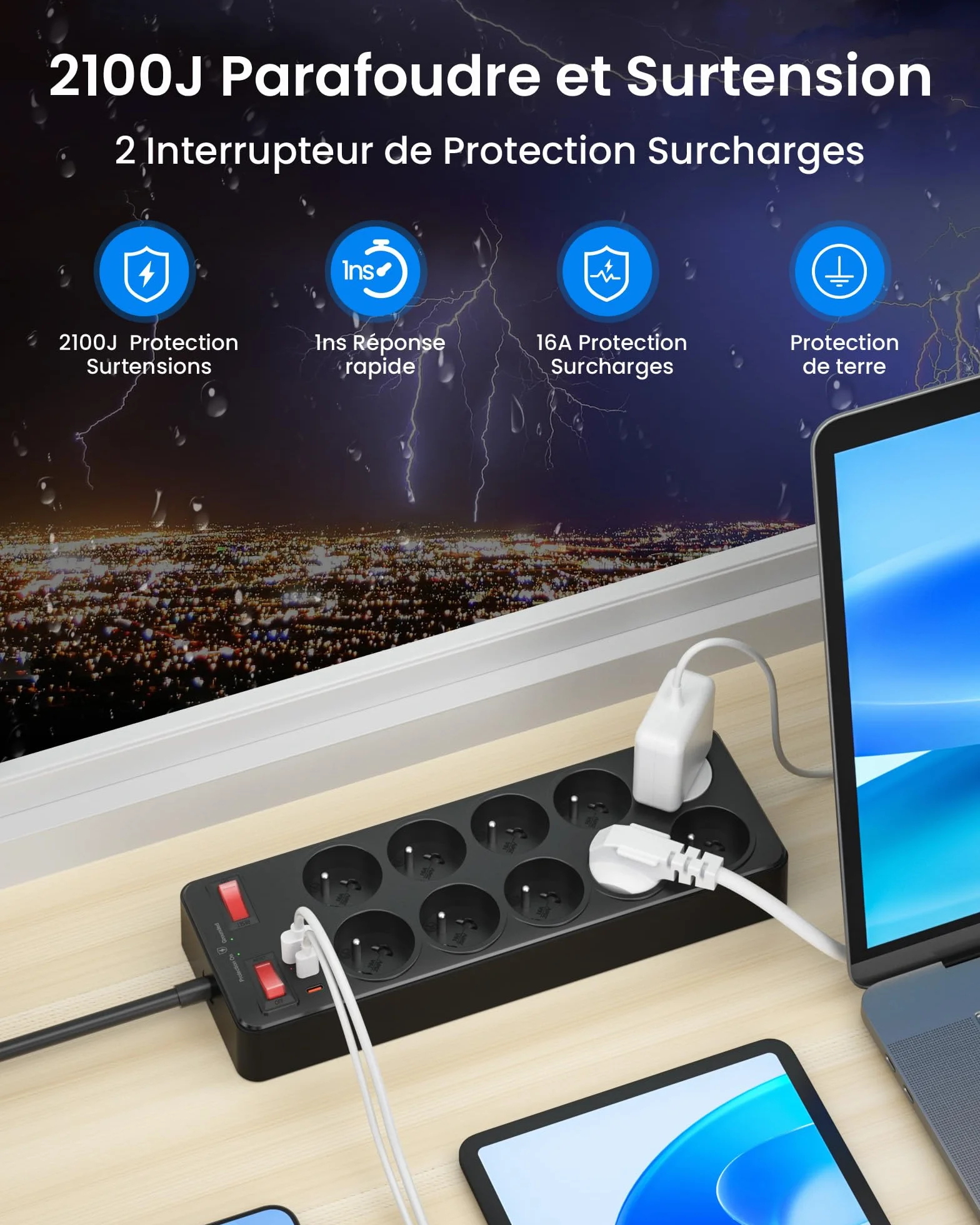 Listwa Zasilająca Przeciwprzepięciowa, Polskie 10 Gniazda z Masą 16A 2P+T | Listwa Zasilająca USB C z Wyłącznikami, Wielokrotne Gniazdo Wtyczka Schuko Typu E, Elektryczne Przedłużacz 2 M Kabel, Czarny