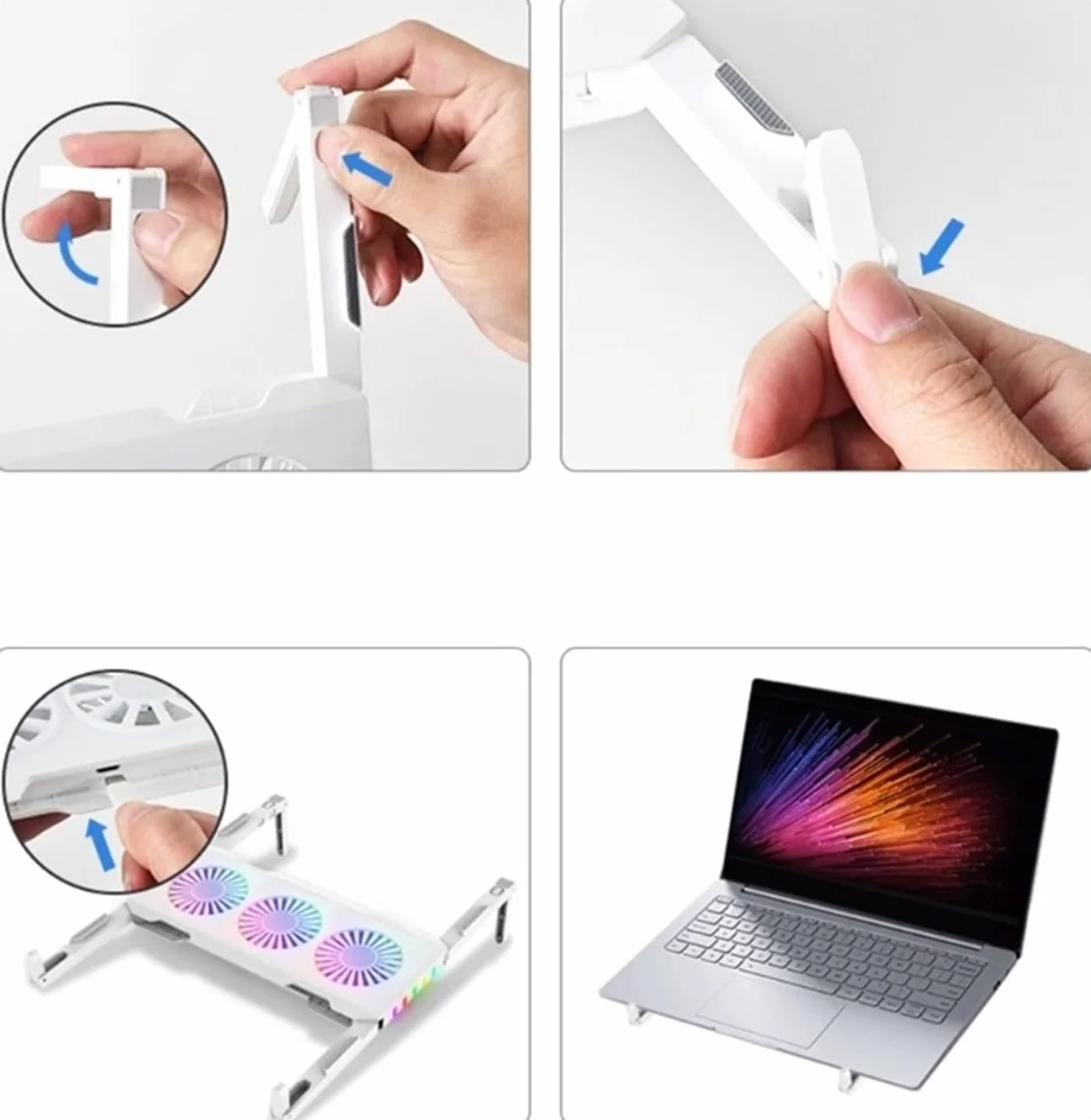 Chłodziarka do Laptopa Przenośny Komputerowa Podkładka Chłodząca 3 Wentylator RGB LED Light Przenośny Składany Uchwyt Na Podstawkę Chłodzącą Do Laptopa Stojak na Wentylator do Laptopa(White)