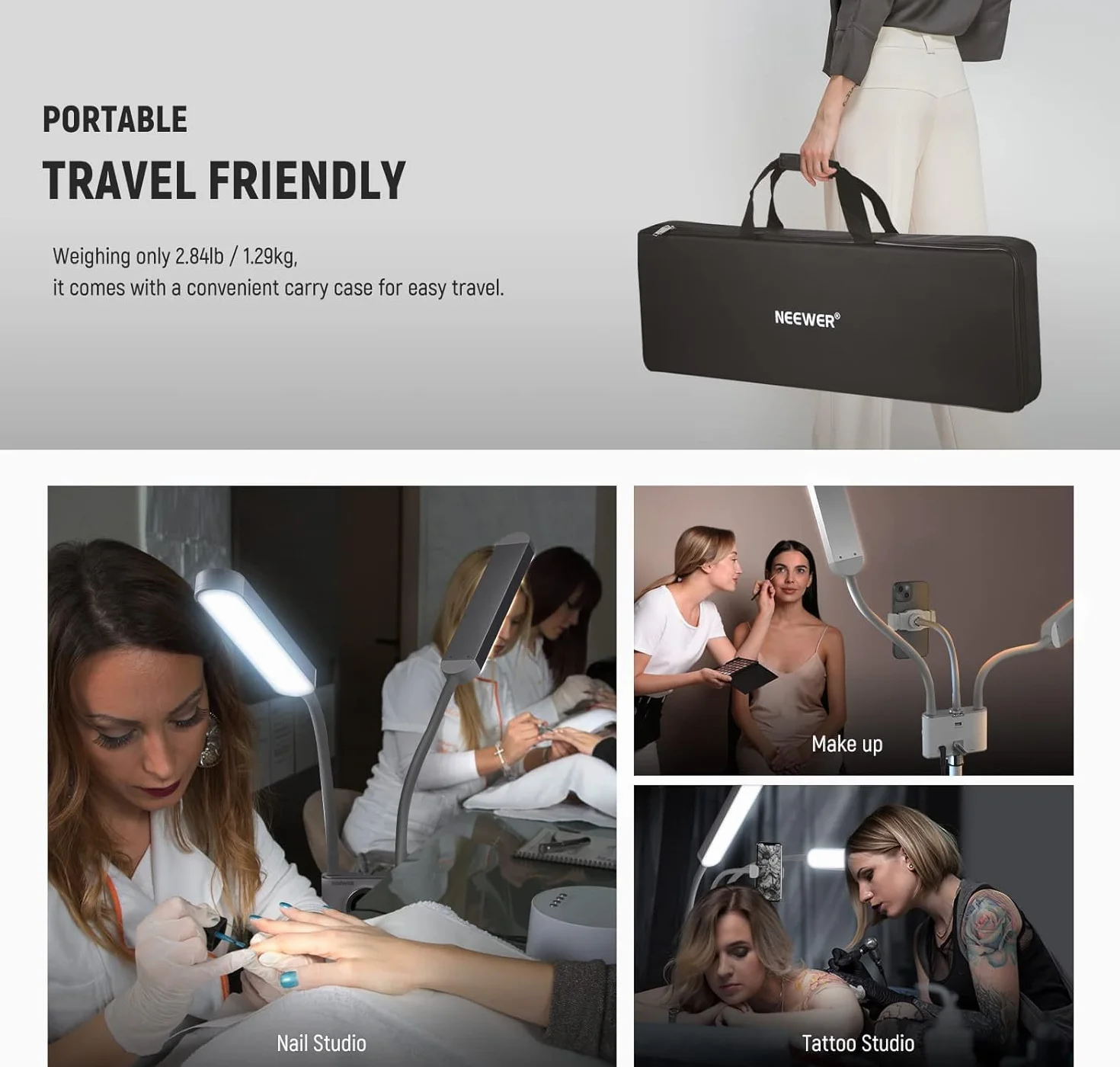 Neewer Kosmetyczka z uchwytem na telefon i zestawem torby podróżnej, lampa do aparatu LED z 2,4G/PC/Mac i oddzielnym sterowaniem 2 świecącymi pałeczkami, CRI98+, oświetlenie do tatuażu/urody