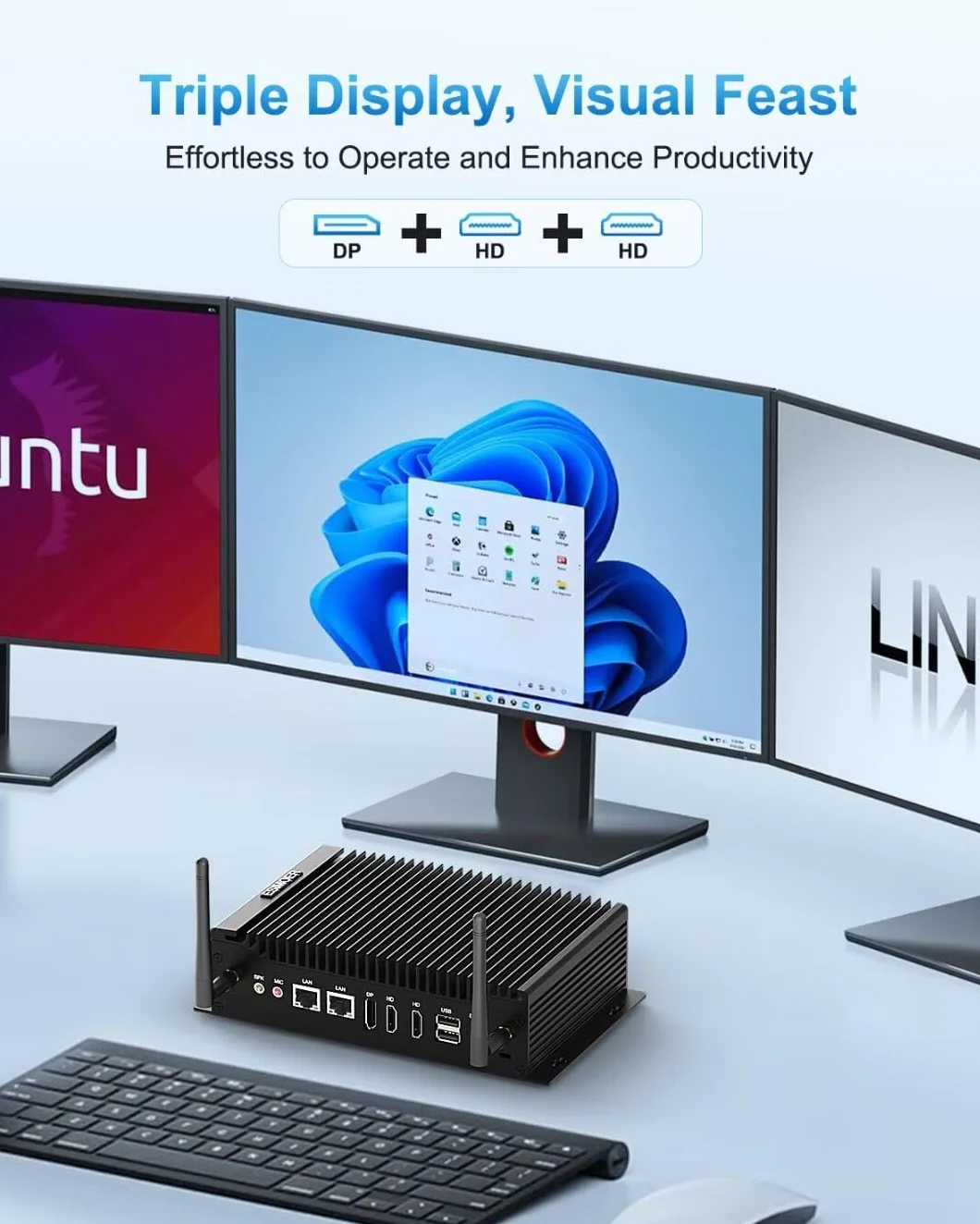 Bezwentylatorowy Mini PC Win11, Mały PC Core i7-10810U, Mini Komputer Stacjonarny, 2 LAN, 16GB RAM 512GB SSD, 2 Potrójne Wyświetlacze HD+DP 4 K, 2 COM, GPIO, WiFi, BT 4.2, 6 USB