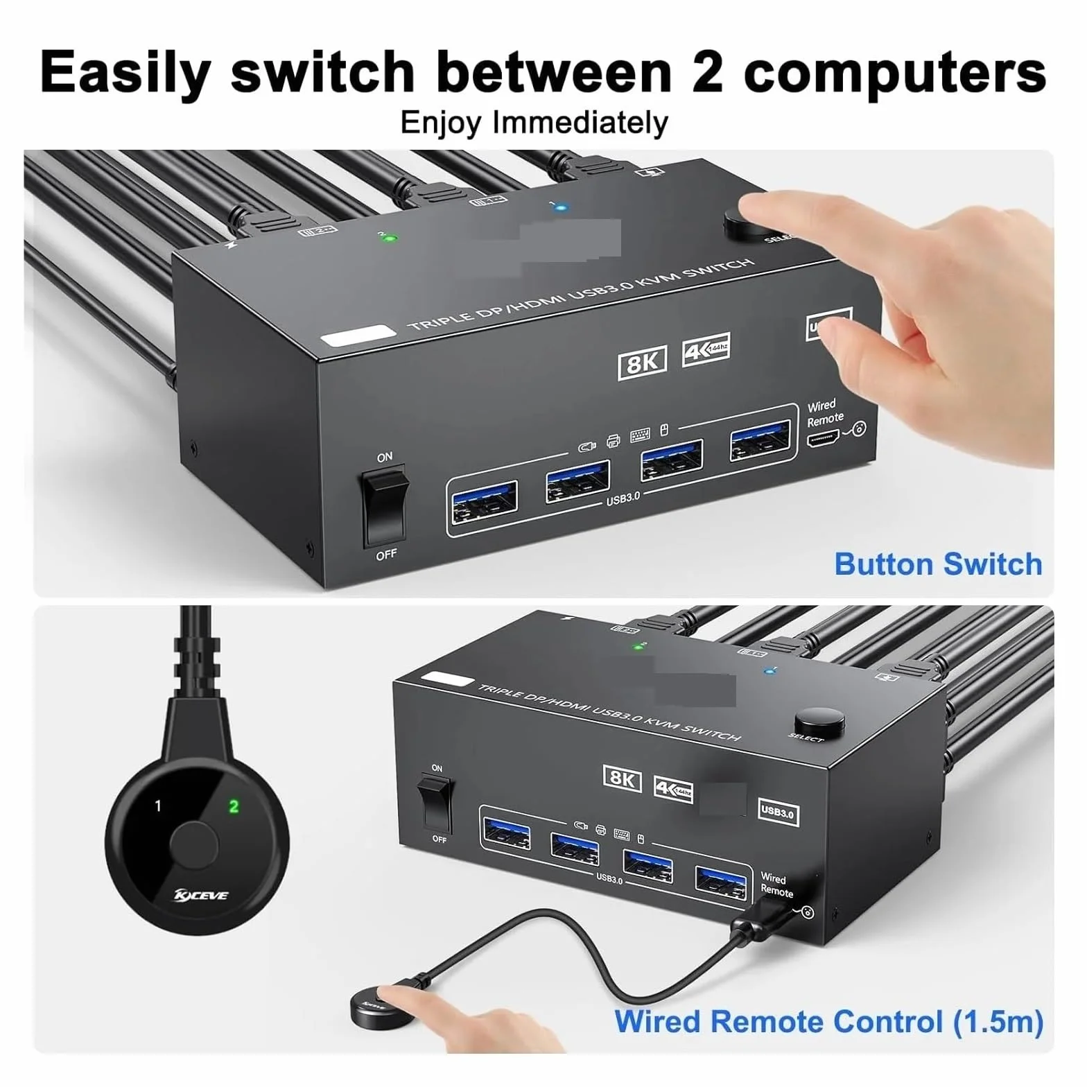 Konwerter Cyfrowy, Przełącznik KVM 4 Monitory 2 Komputery, 4K144Hz + Displayport Obsługa 8K30Hz, 3 PC Potrójne Przełączniki
