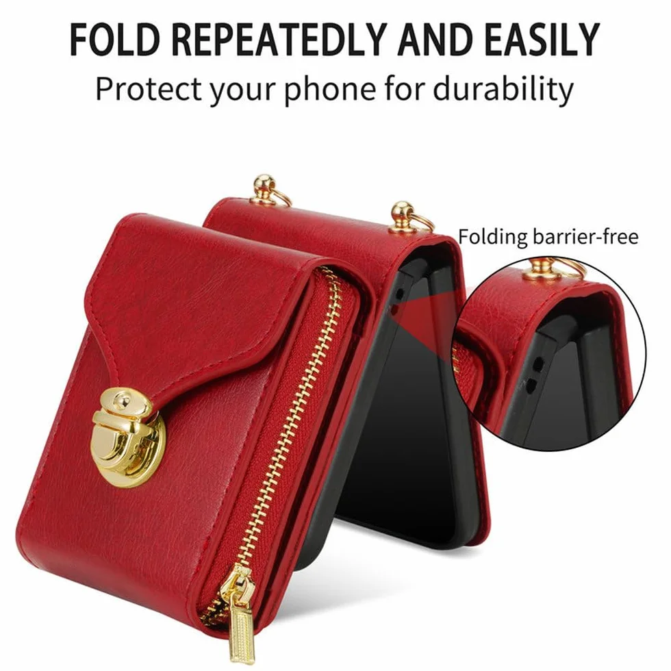 Etui na telefon ze skóry z zamkiem błyskawicznym i kieszenią na karty do Samsung Galaxy Z Flip 5 4 3 ze smyczą, etui z klapką, czerwone, do Z Flip 4