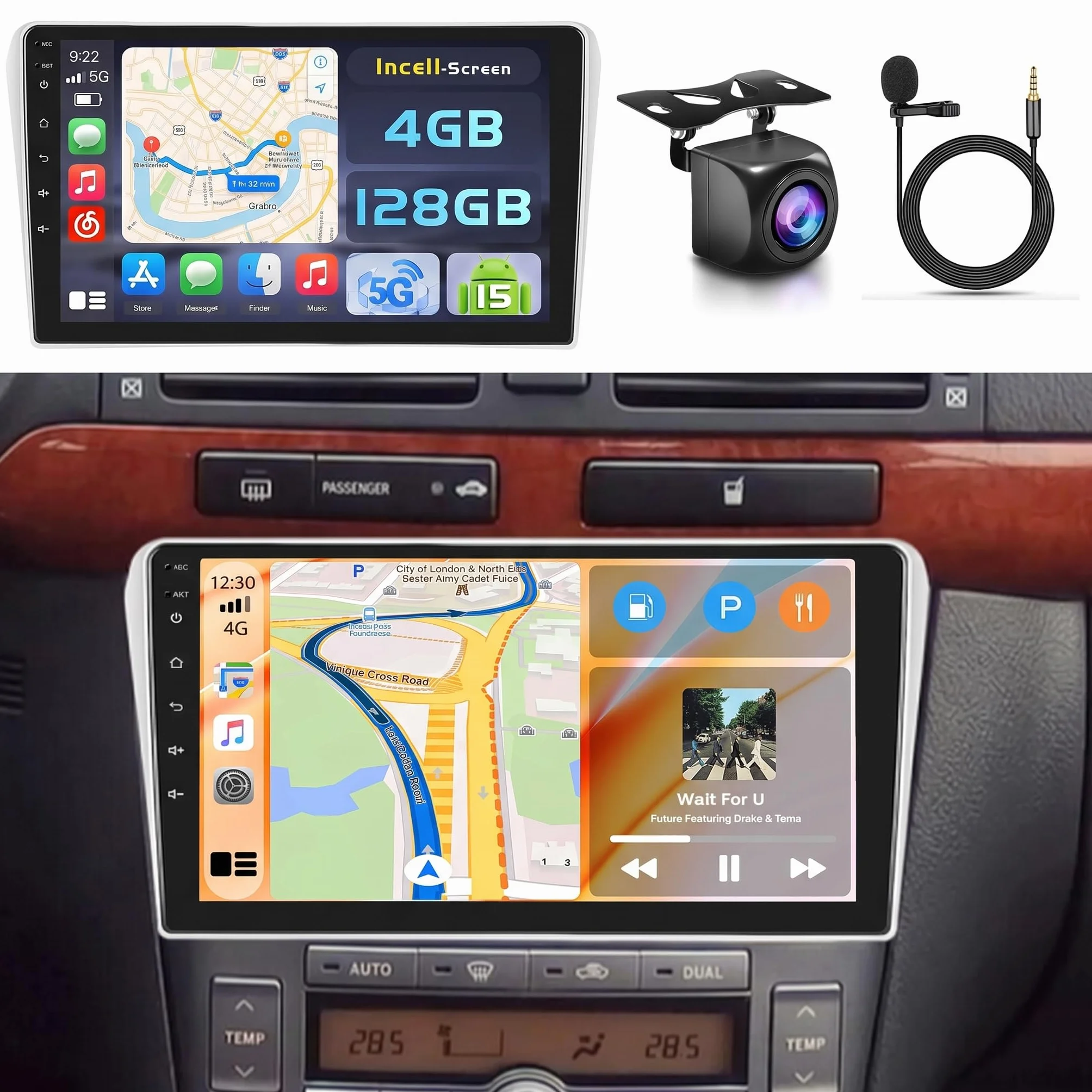 Hikity Radio samochodowe Android 15 4+128G dla Toyota Avensis 2002-2008 z ekranem dotykowym 9 Zoll, radio samochodowe 2DIN z bezprzewodowym odtwarzaczem Carplay Android Auto, FM/RDS Radio BT GPS WiFi