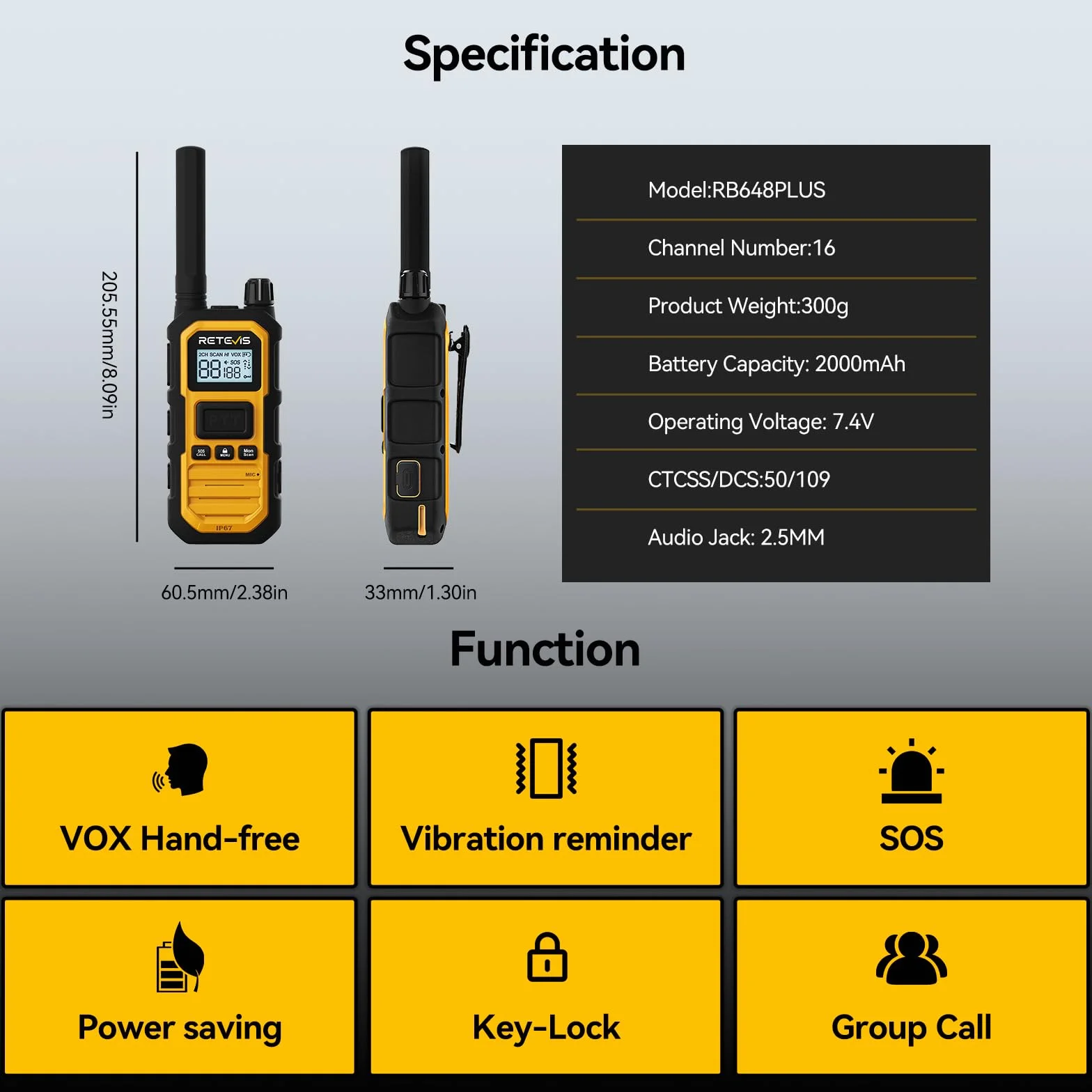 Retevis RB648 Plus Wodoodporne Walkie Talkie IP67, Radiotelefony Dwukierunkowe Dalekiego Zasięgu, Połączenie Grupowe, 2000 mAh Typ-C, Akumulatorowe Radio Dwukierunkowe do Budowy Fabryk (6 Szt. Żółty)