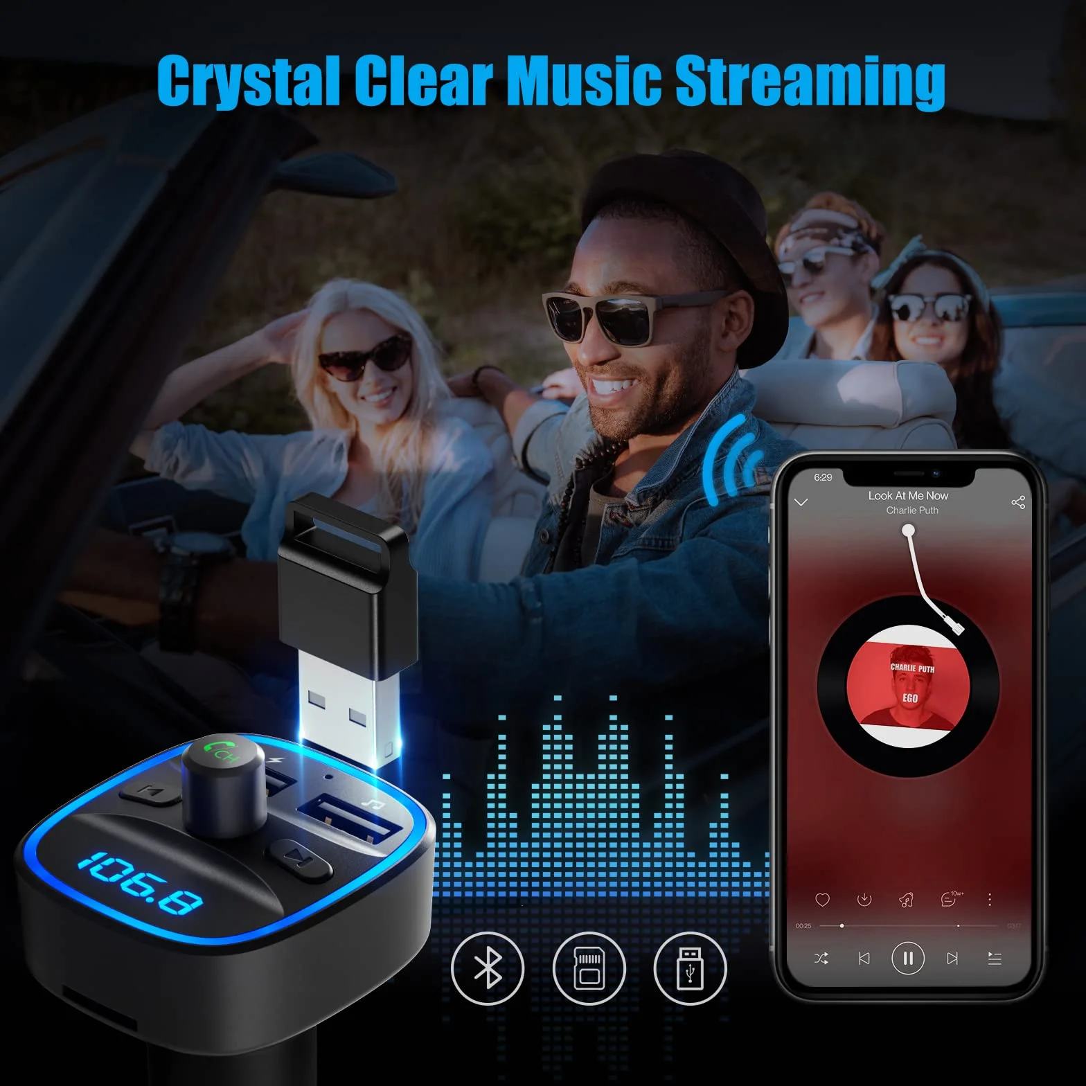 LENCENT 5.1 Samochodu Nadajnik FM Bluetooth, Nadajnik Bluetooth, Adapter Radia Samochodowego z Dwoma Portami USB, Zapalniczka Samochodowa z Zestawem Głośnomówiącym, Obsługa Dysków USB, Ciemnoszary