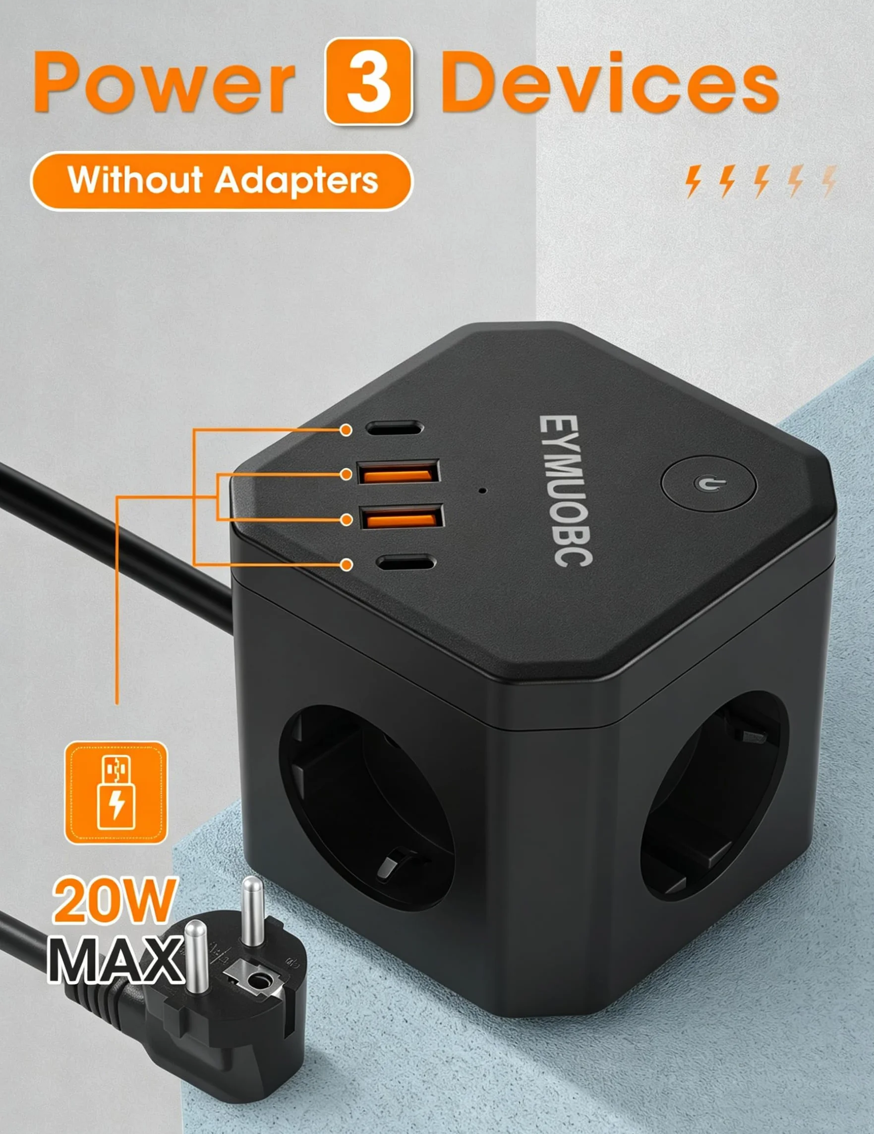 Kostka z gniazdkami z USB, listwa zasilająca z 2 USB-C PD 20W, 4 gniazda sieciowe 4 porty USB z wyłącznikiem, do biura, czarna