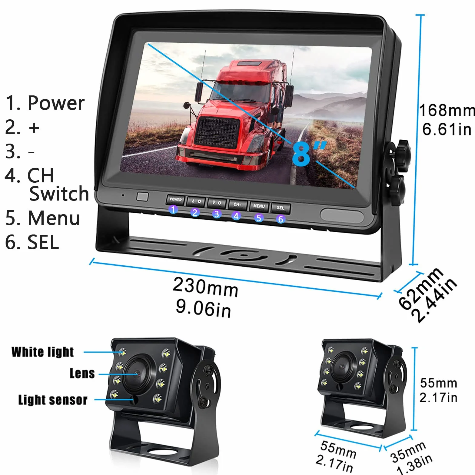 Hodozzy Kamera cofania do samochodu z 8-calowym monitorem LCD, AHD 1080p, 2 x kamery, klasa wodoszczelności IP69, super noktowizor, kabel 12 V-24 V do kampera/ciężarówki/przyczepy/autobusów/vanów, z