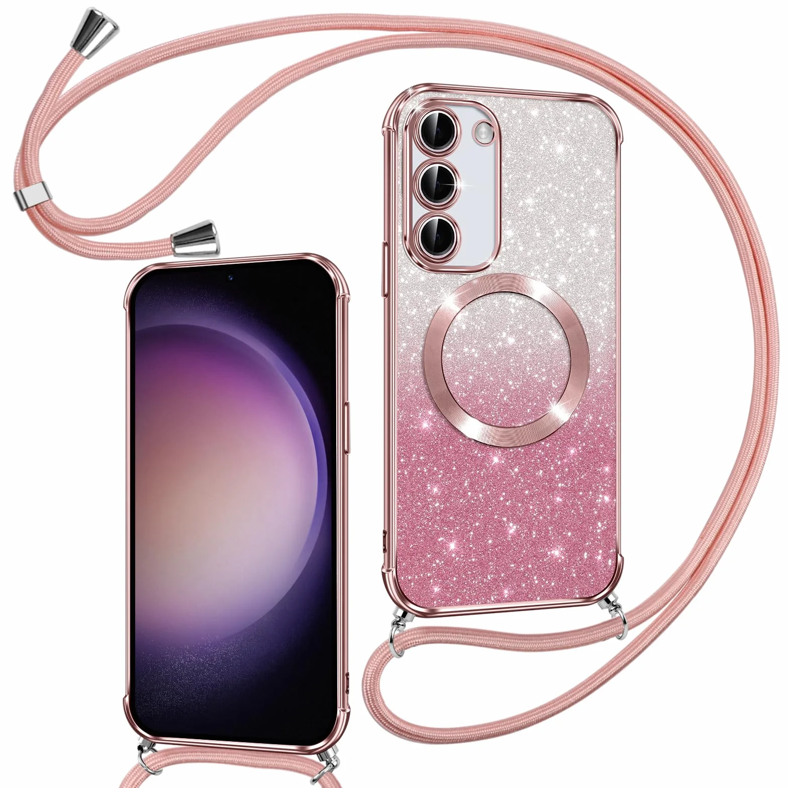 Phoona Etui z łańcuchem na telefon komórkowy do Samsunga Galaxy S23 Plus 5G z paskiem [Kompatybilne z MagSafe], luksusowe etui z błyszczącym powłokiem magnetycznym do Samsunga S23 Plus 5G, ochronne