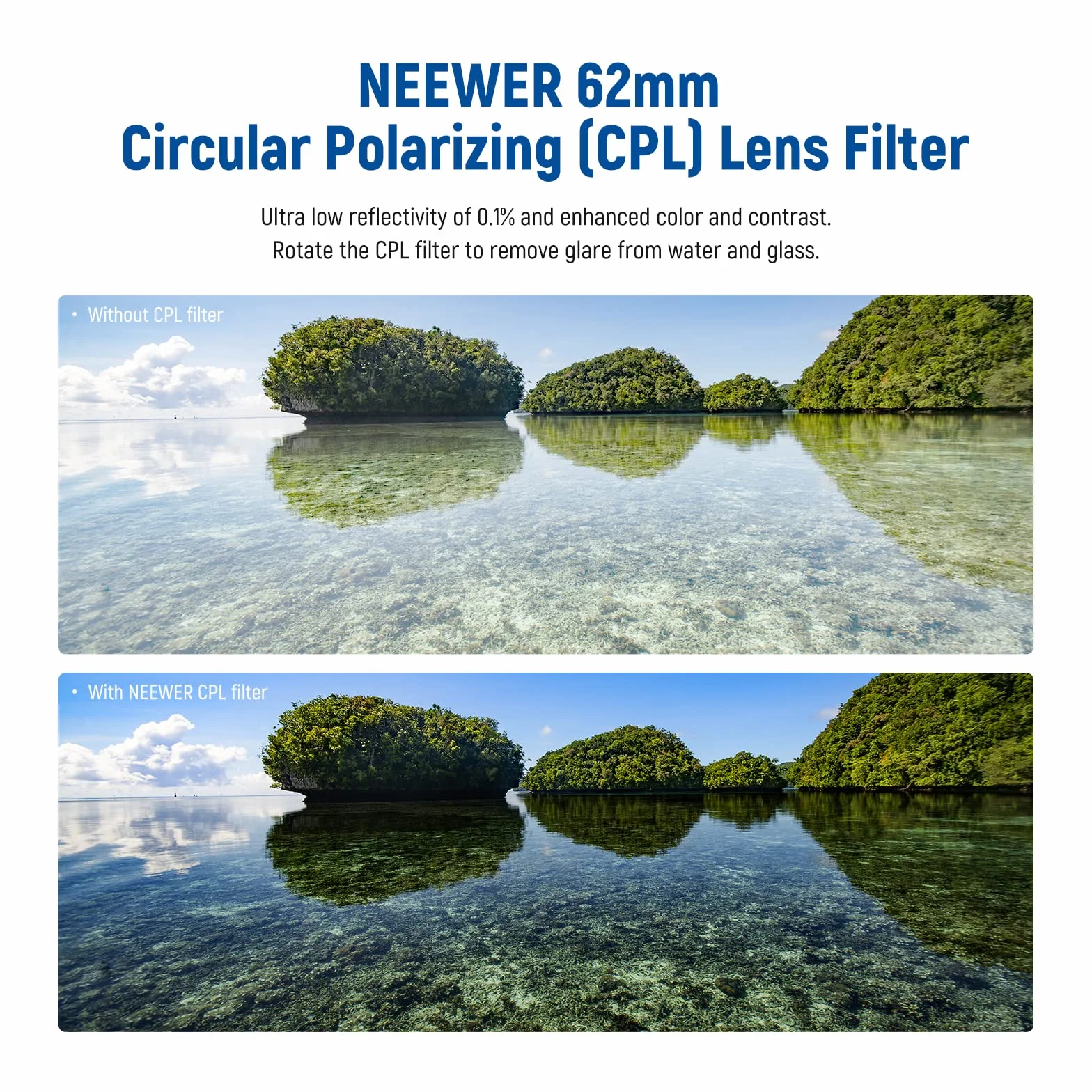 NEEWER Filtr polaryzacyjny 62 mm, filtr CPL z 30 warstwami wielowarstwowo powlekana folia polaryzacyjna, zmniejsza odblaski/poprawia kontrast/ultracienkie/szkło optyczne HD do obiektywu aparatu 62 mm