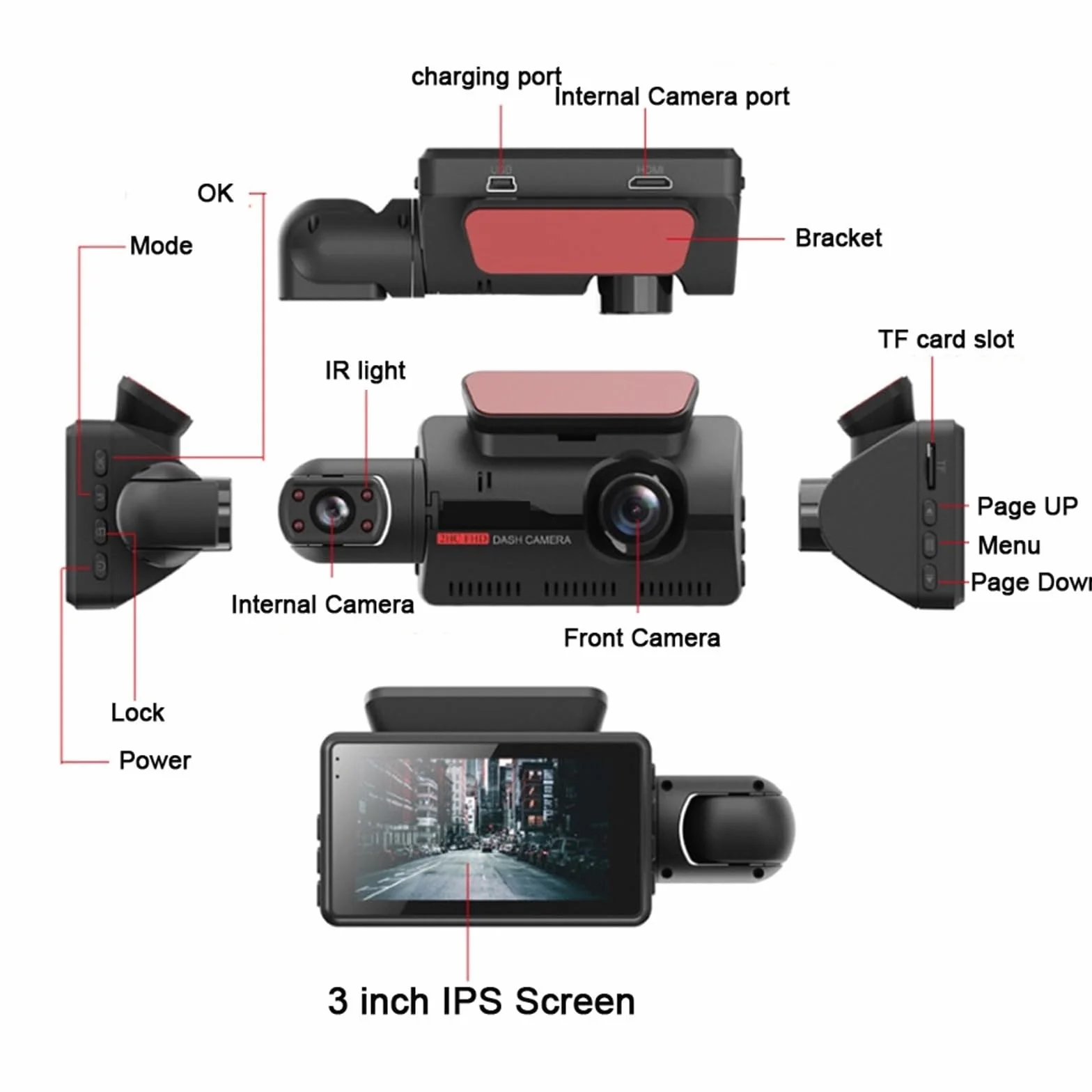 3-calowy rejestrator samochodowy z ekranem IPS HD 1080P noktowizor DVR podwójne nagrywanie Nagrywanie W RozdzielczośCi Ultra Hd