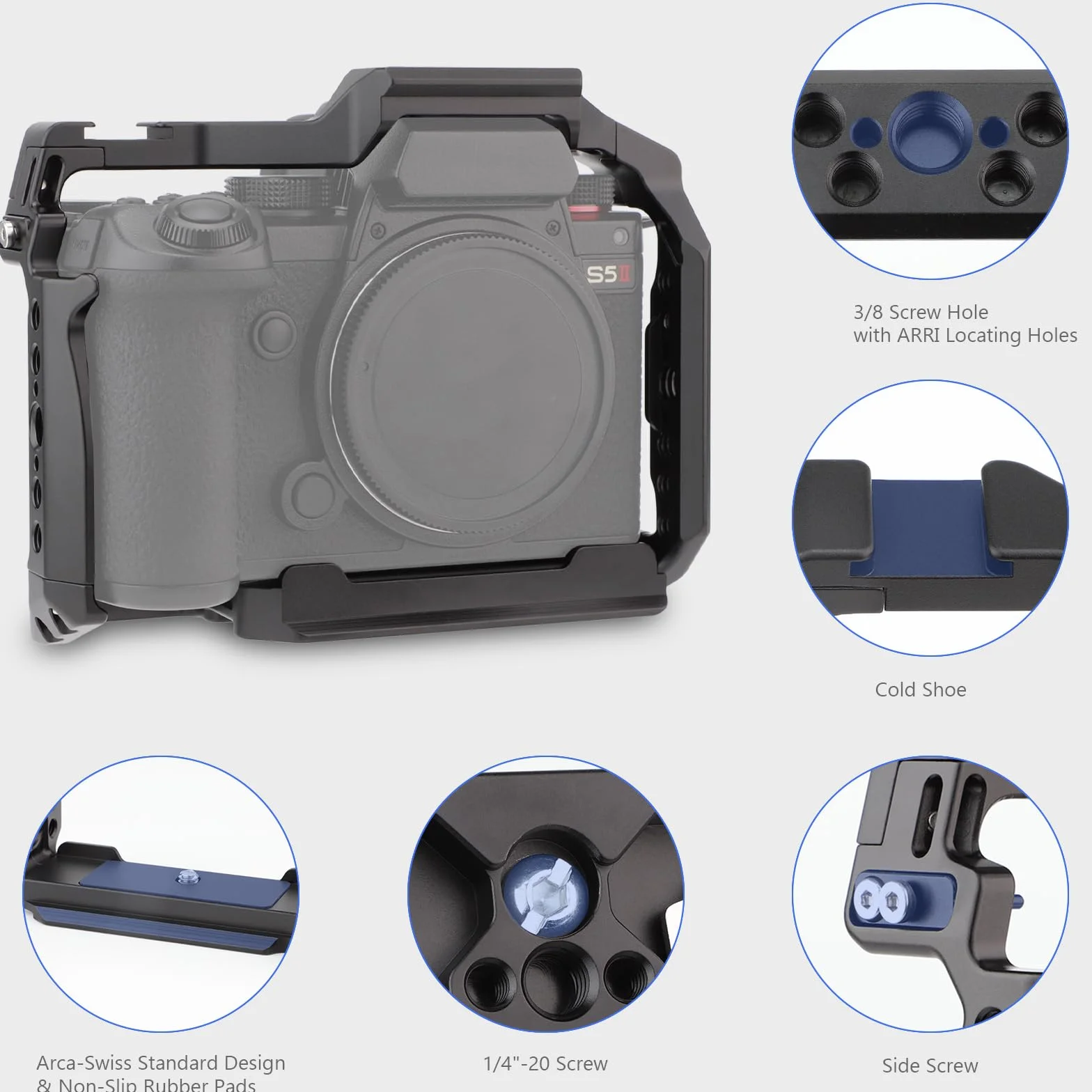 Leftfoto S5 klatka na aparat do Panasonic LUMIX S5 II – ramka ochronna z podstawą Arca, szyna NATO, gwinty ARRI, kompatybilna ze stabilizatorem DJI RS2, nagrywanie wideo vlog