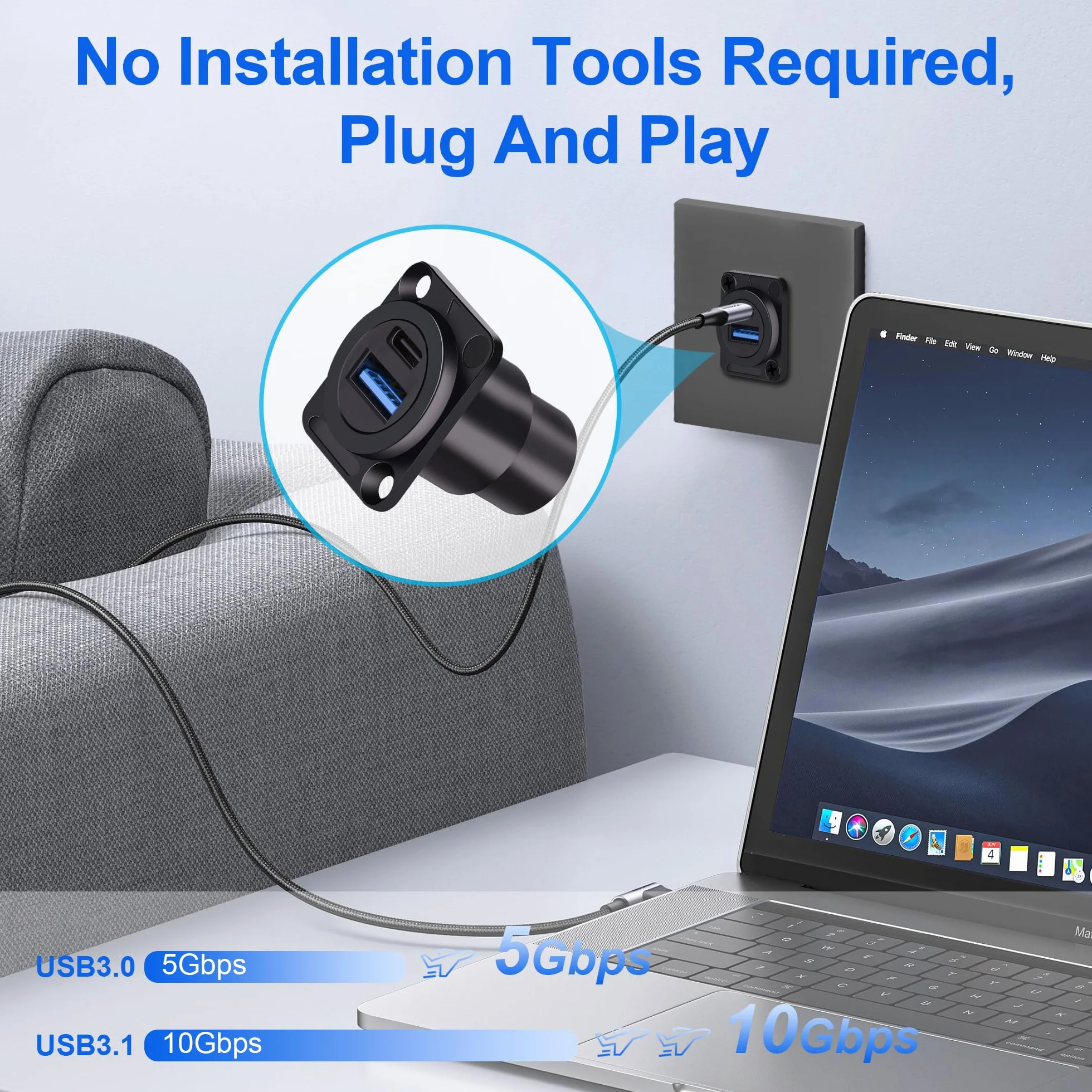 Podwójny adapter USB 3.0 i panel typu C, gniazdo przejściowe typu D z USB A 3.0 + podwójne porty USB C 3.1 do samochodu/domu/przemysłu (szybkie ładowanie danych i ładowanie)