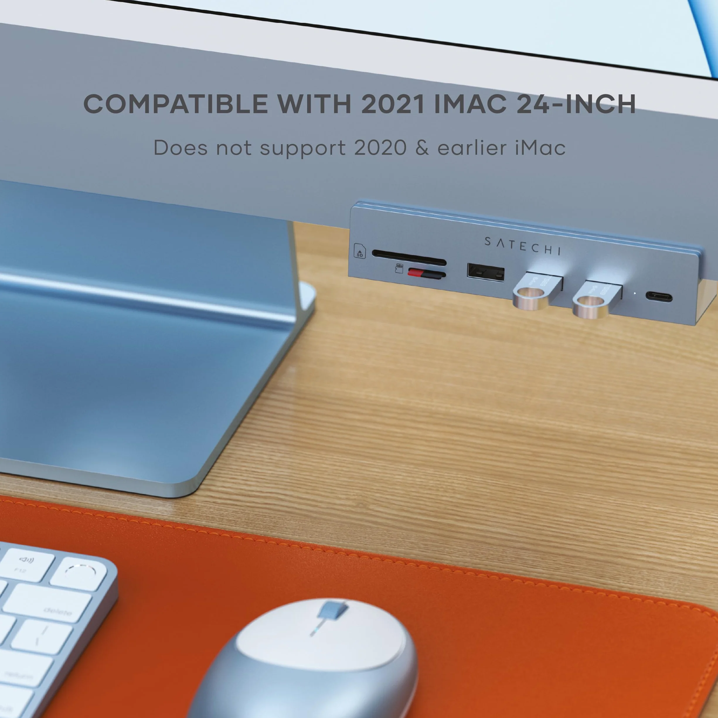 SATECHI hub USB-C do 24-calowego iMaca i Studio Display, niebieski | Port USB-C do danych, 3 porty USB-A i czytniki SD/microSD; niezgodny z modelami iMac z 2020 roku i starszymi