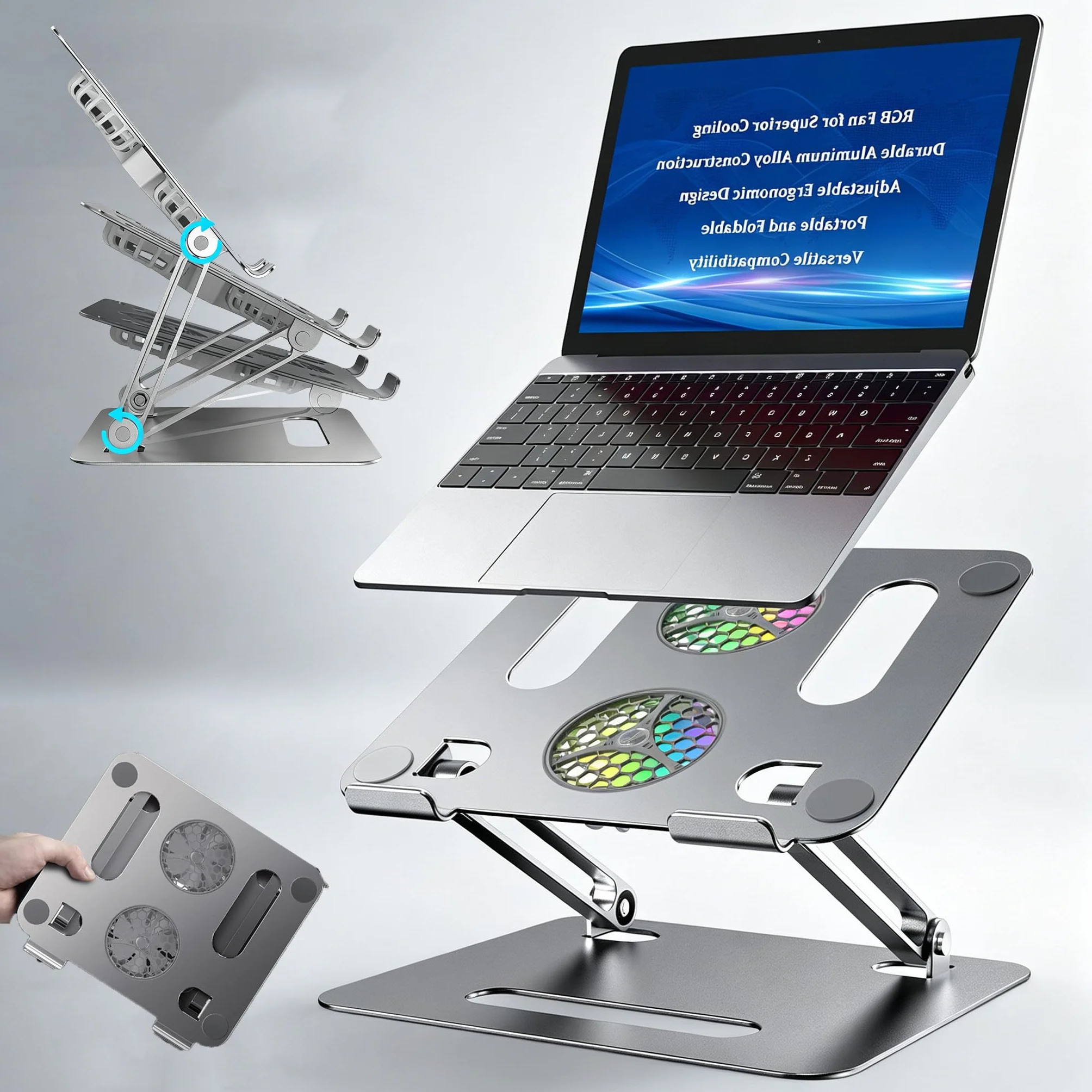Podstawka Chłodząca Do Laptopa, 33Cm, Regulowana Wysokość, Z 2 Wentylatorami, Oświetlenie Rgb, Składana, Ergonomiczna Konstrukcja, Do Notebooków 10-16'', Do Biura I Nauki