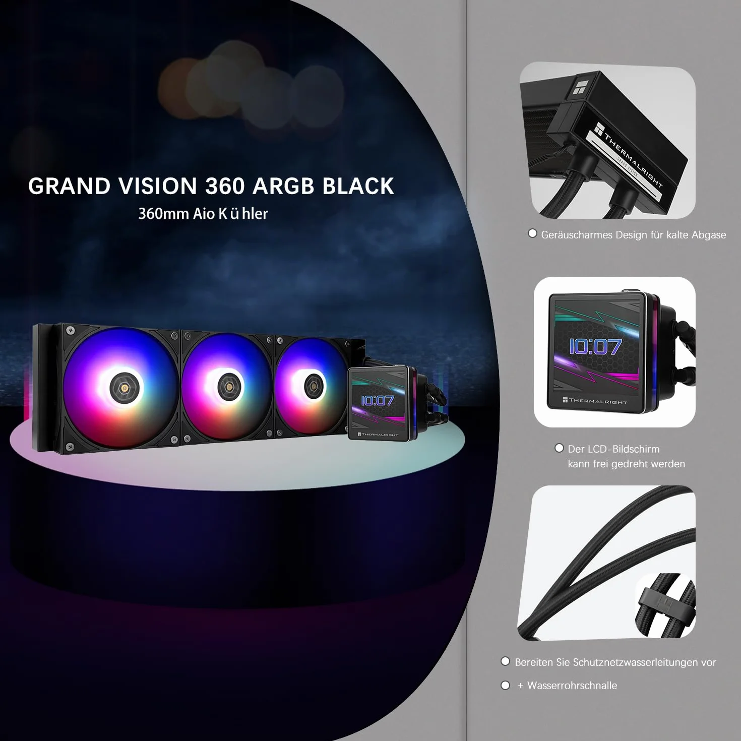 TR-Thermalright Grand Vision 360 ARGB czarna chłodnica procesora, 3,4-calowy ekran IPS LCD o rozdzielczości 480 x 480, magnes, motyw ekranu DIY, do AM4/AM5, LGA1851/1700/115x