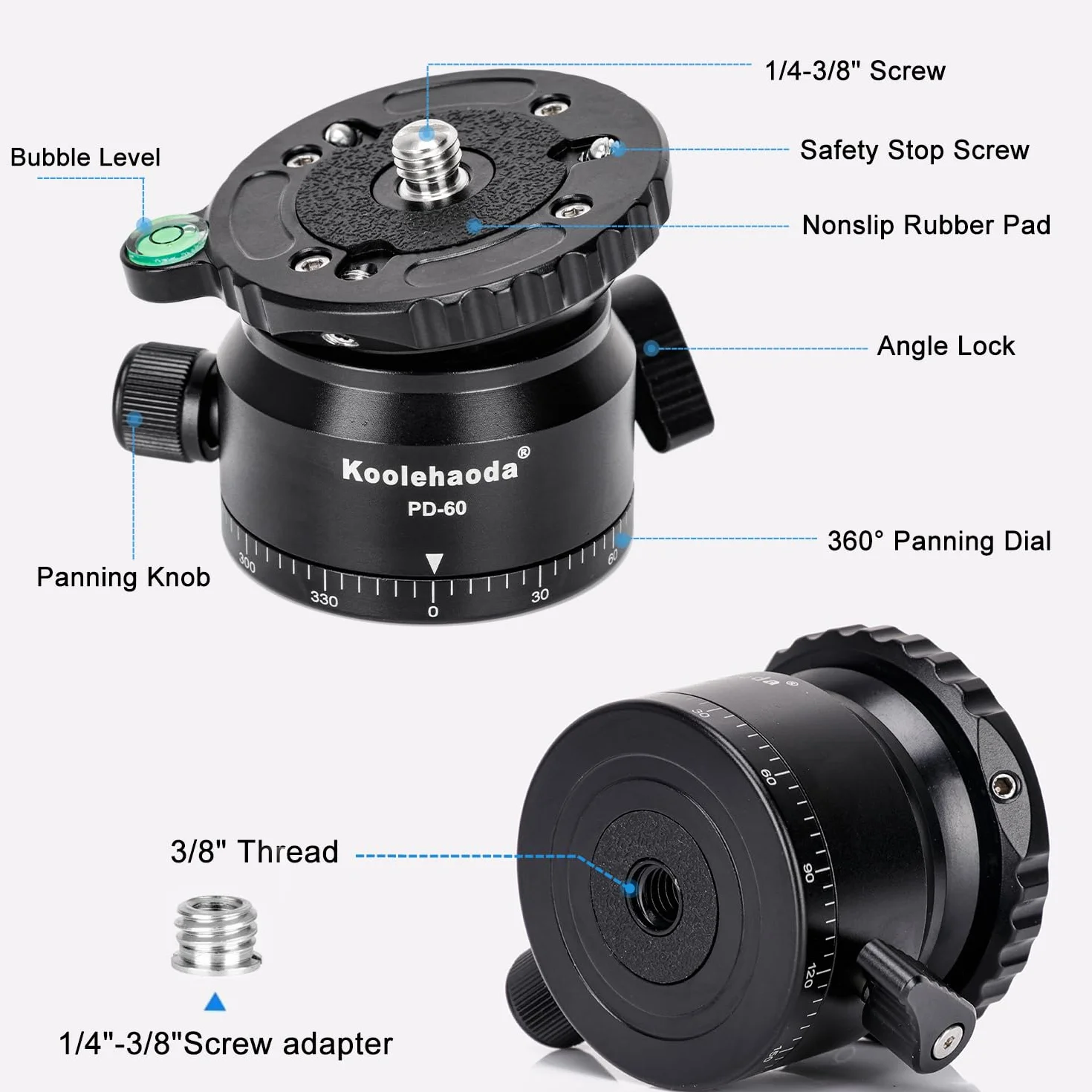 Koolehaoda Głowica poziomująca do aparatu, aluminiowa podstawa panoramiczna 360° frezowana CNC z gwintem 3/8" i przesuniętym poziomicą do głowicy wideo, statywów i monopodów (PD-60)