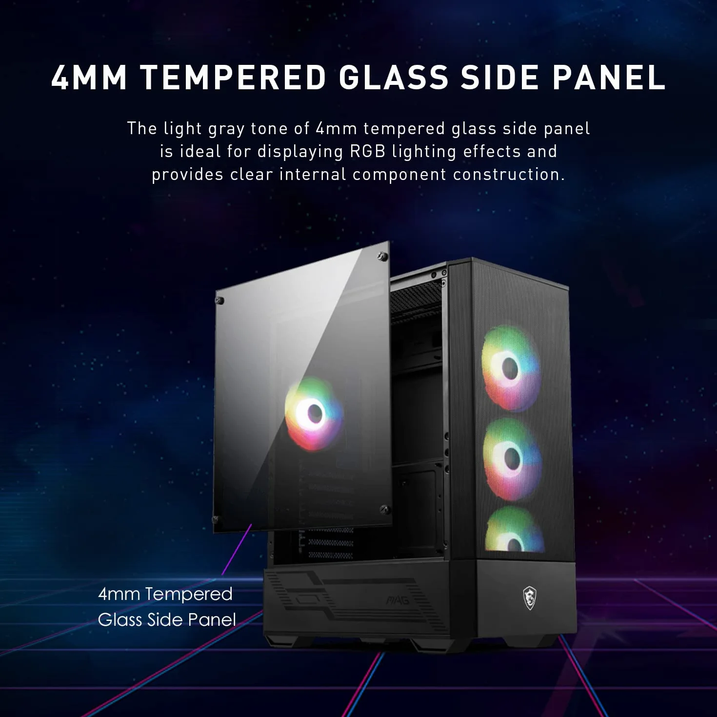 MSI Gaming Mid Tower obudowa PC, panel boczny ze szkła hartowanego, 4 wentylatory aRGB 120 mm, uchwyt chłodzący cieczą do 240 mm x 1 - MAG Forge 112R