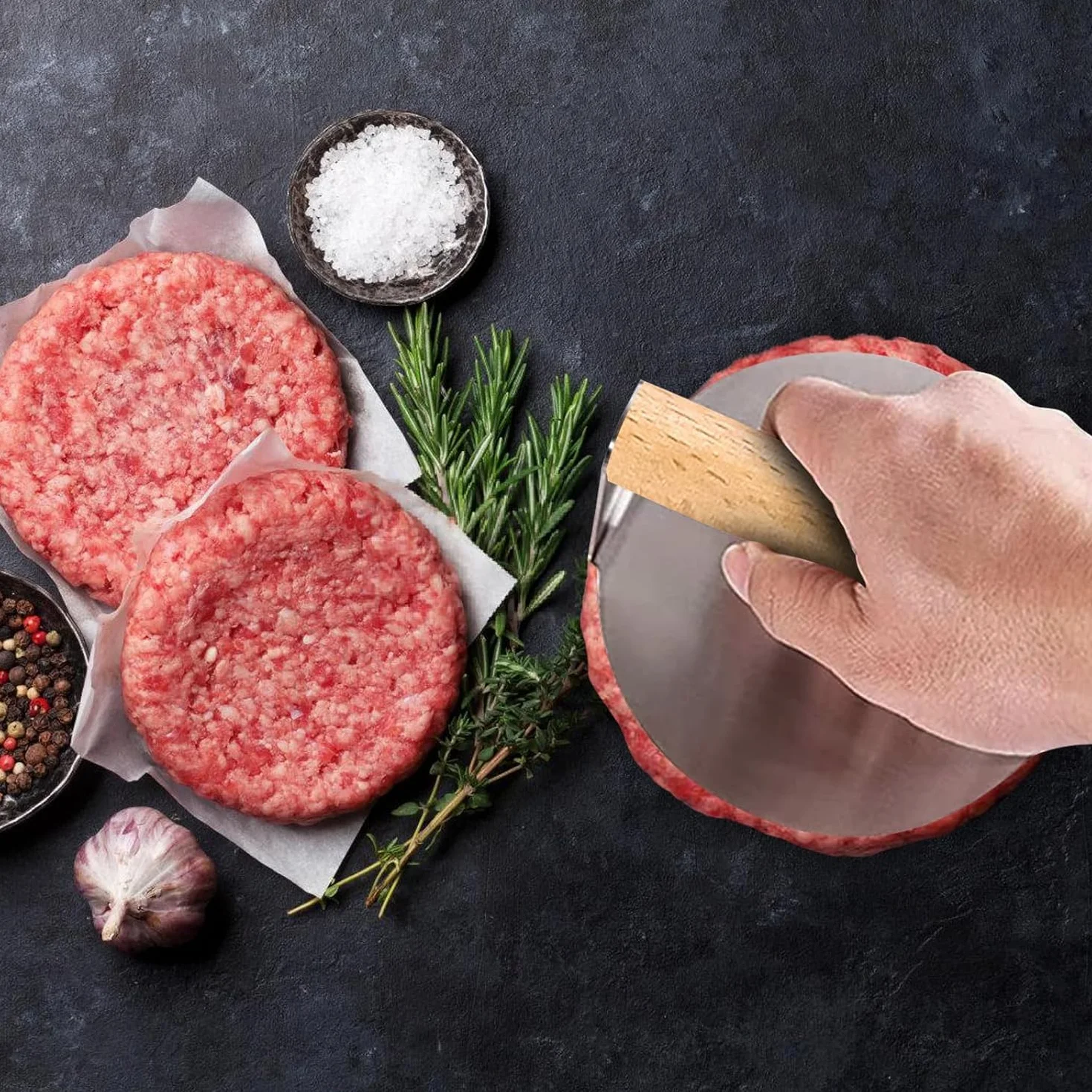 Prasa do burgerów, okrągła prasa do burgerów ze stali nierdzewnej 304 z drewnianym uchwytem, do burgerów klasy spożywczej, łatwa do czyszczenia do grilla płaskiego i smarownicy