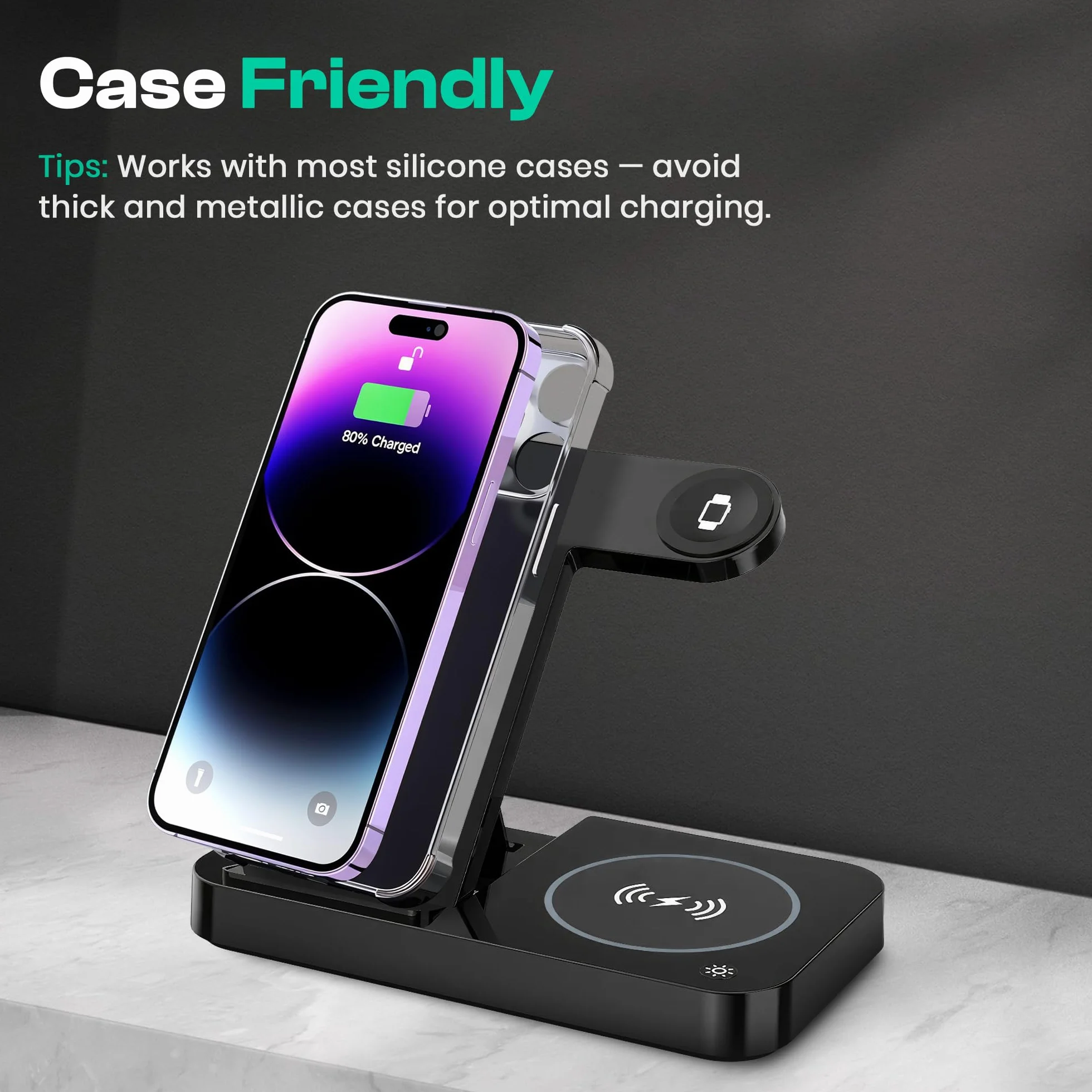 Bezprzewodowa stacja ładująca 4 w 1 do iPhone'a, Apple Watch i AirPods – bezprzewodowa ładowarka do iPhone'a serii 16/15/14/13/12 - Apple iWatch serii 7/9/8 z dodatkowym portem USB i składaną