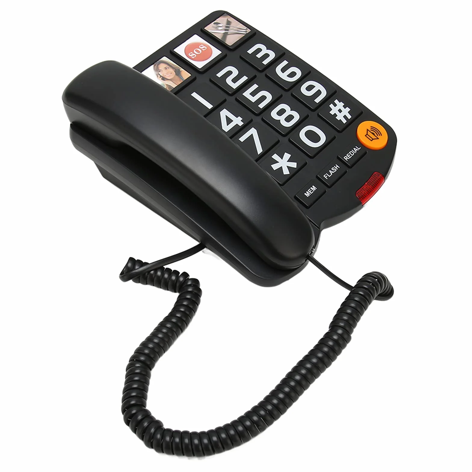 Telefon przewodowy z dużym przyciskiem, wielofunkcyjny telefon stacjonarny z głośnikiem, obsługą SOS, pamięcią telefonu i szybkim wybieraniem, dla seniorów (czarny)