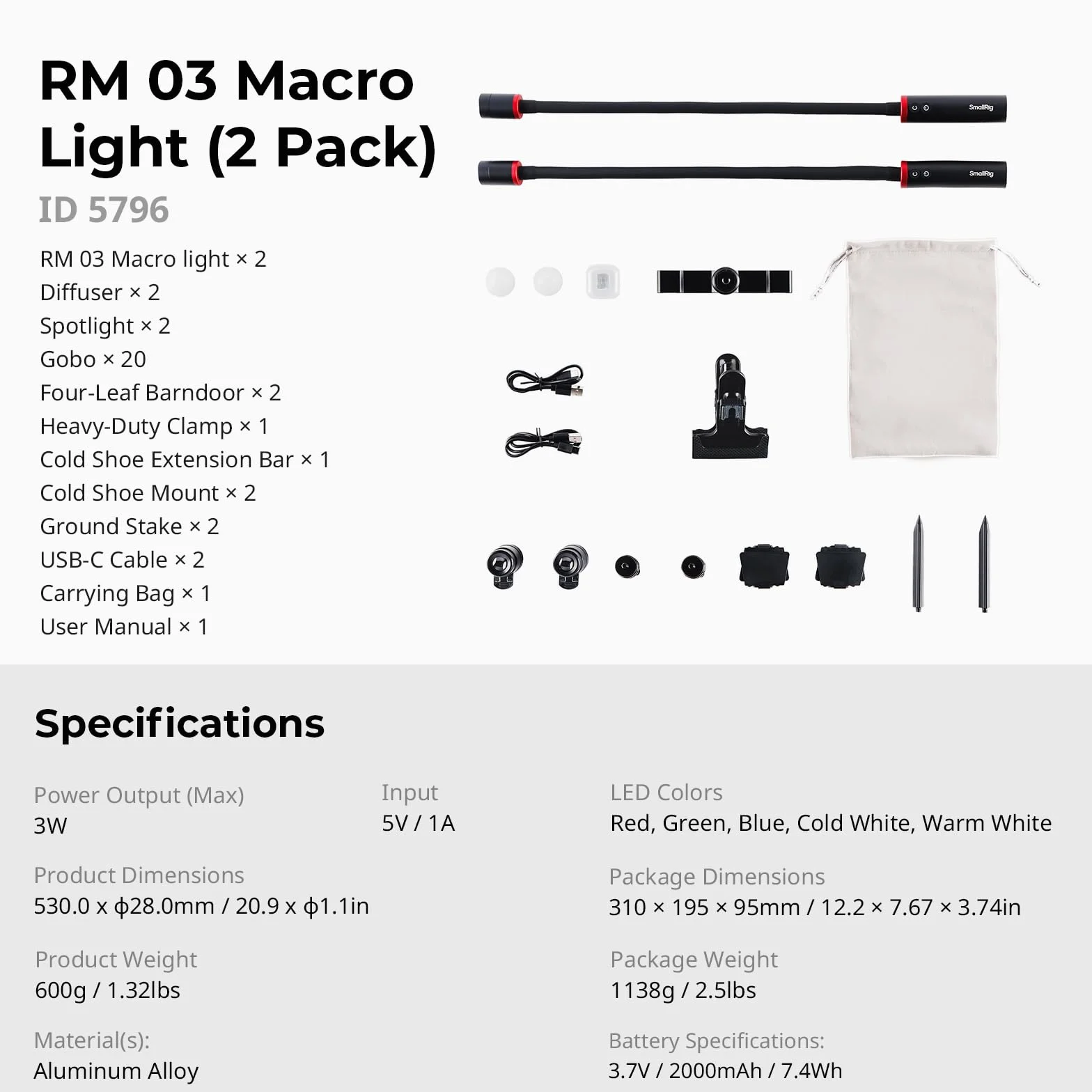 SMALLRIG RM 03 Macro Photography LED Light - 2 Pack, Adjustable Beam Angle, 5 Colors CRI95 TLCI92, Bendy Light with Cold Shoe Extension Bar, Clamp, Diffuser, Spotlight, Barndoor, Gobos, Stake - 5796