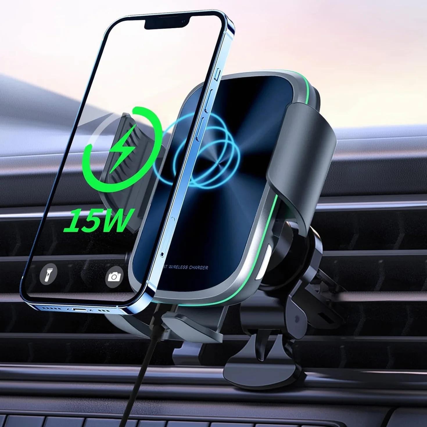 Samochodowy uchwyt na telefon z ładowarką Qi 15 W do iPhone Samsung Huawei Xiaomi LG