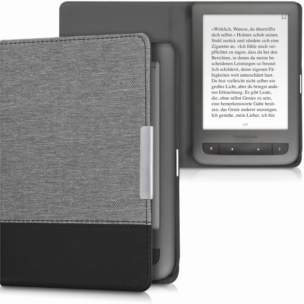 kwmobile Etui do Pocketbook Touch Lux 3/Basic Lux/Basic Touch 2 - etui ochronne z skóry PU i płótna do czytnika e-booków typu folio - szary/czarny