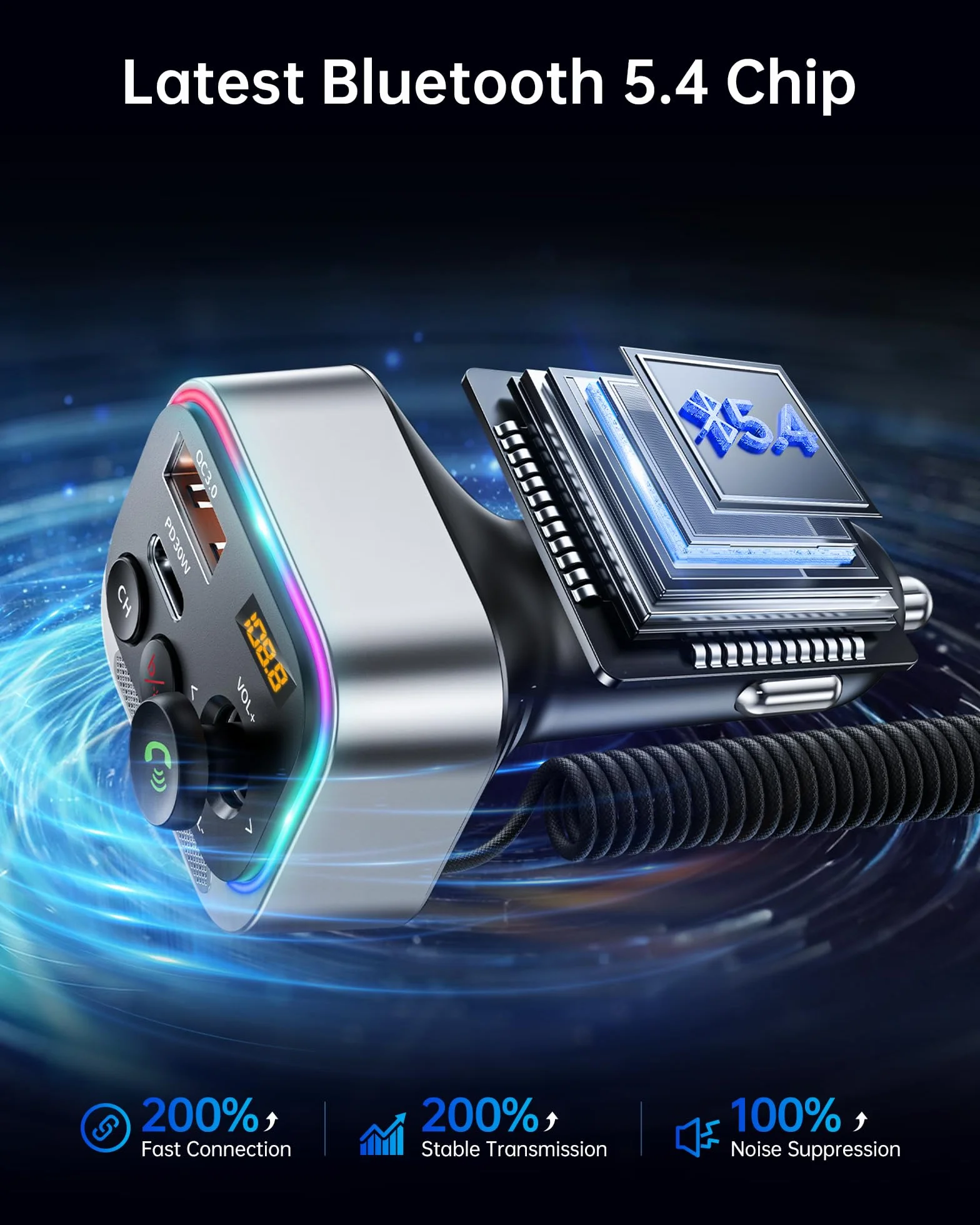 Syncwire Transmiter FM Bluetooth 5.4, adapter samochodowy, 66 W, PD QC 3.0, ładowarka samochodowa z kablem spiralnym USB-C, bezprzewodowy adapter radiowy FM, silne mikrofony i basowy dźwięk Hi-Fi,