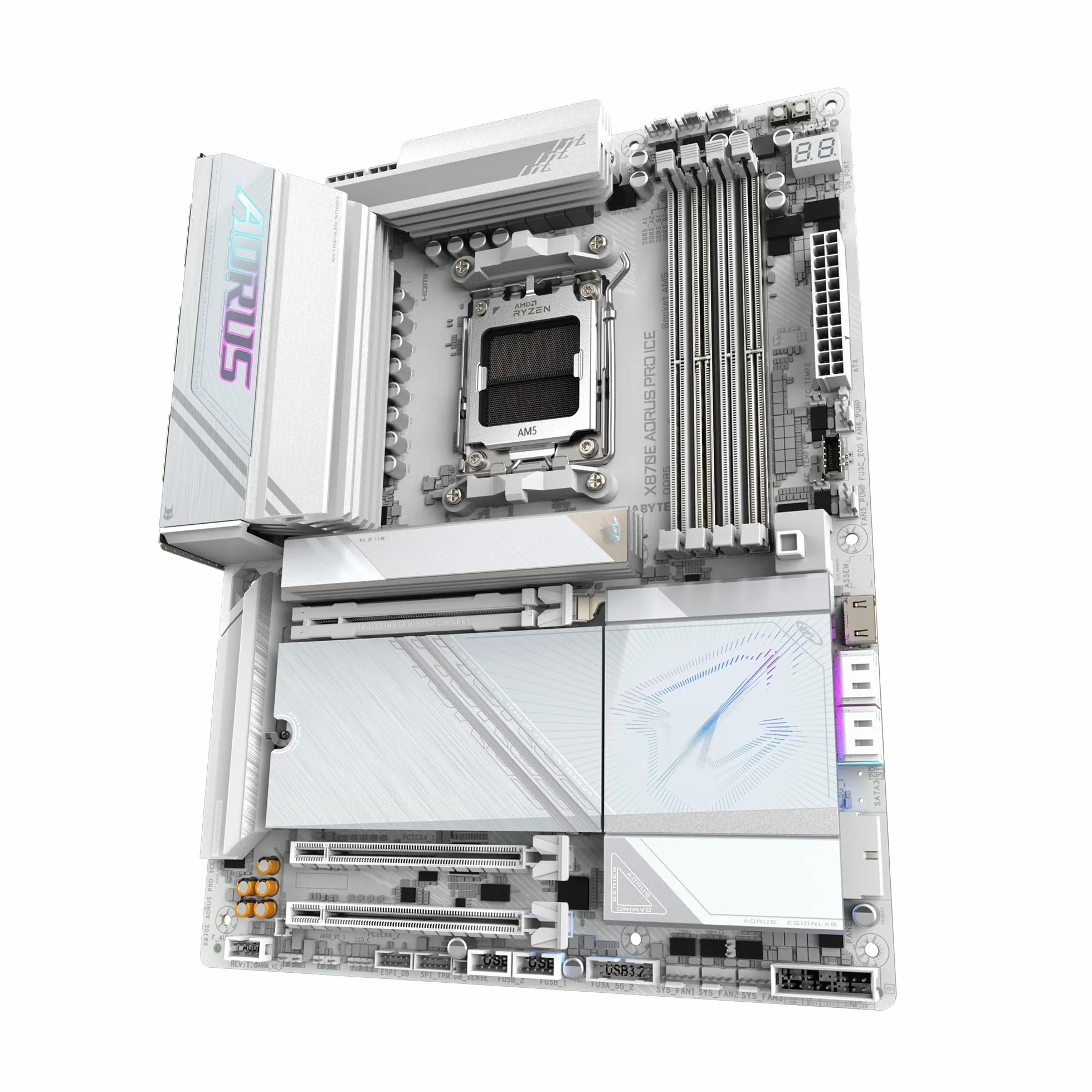 Płyta główna GIGABYTE X870E AORUS Pro Ice - kompatybilna z procesorami AMD Ryzen 9000, 16+2+2-fazowy cyfrowy VRM, do 8000 MHz DDR5 (OC), 3xPCIe 5.0, Wi-Fi 7, LAN 2.5 GbE, USB 4