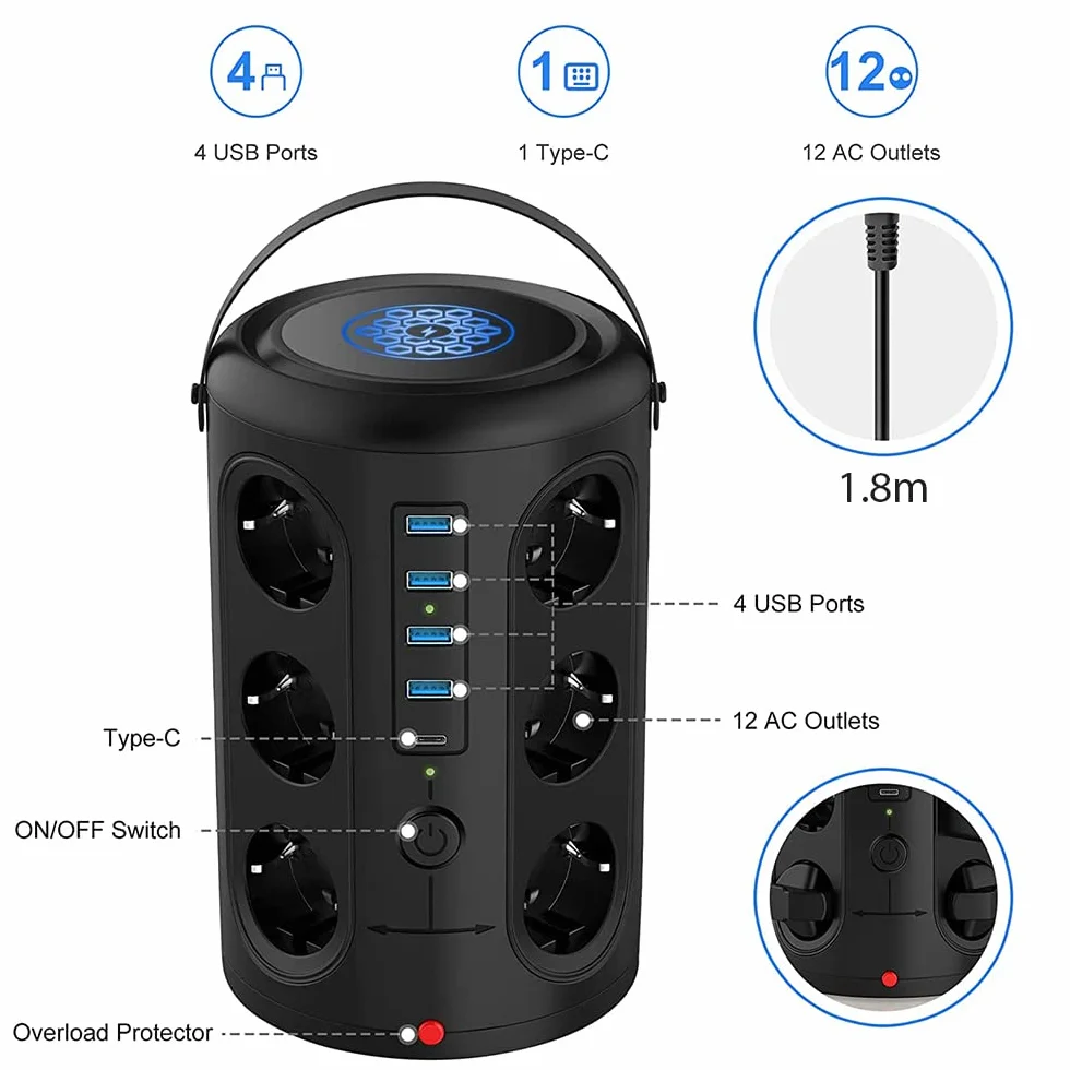 Kavolet pionowa blok wtykowy z 12 gniazdami i 4 portami USB i bezprzewodowym ładowaniem (2500/10A), z zabezpieczeniem przed przeciążeniem i przepięciem, kablem 1,8 M