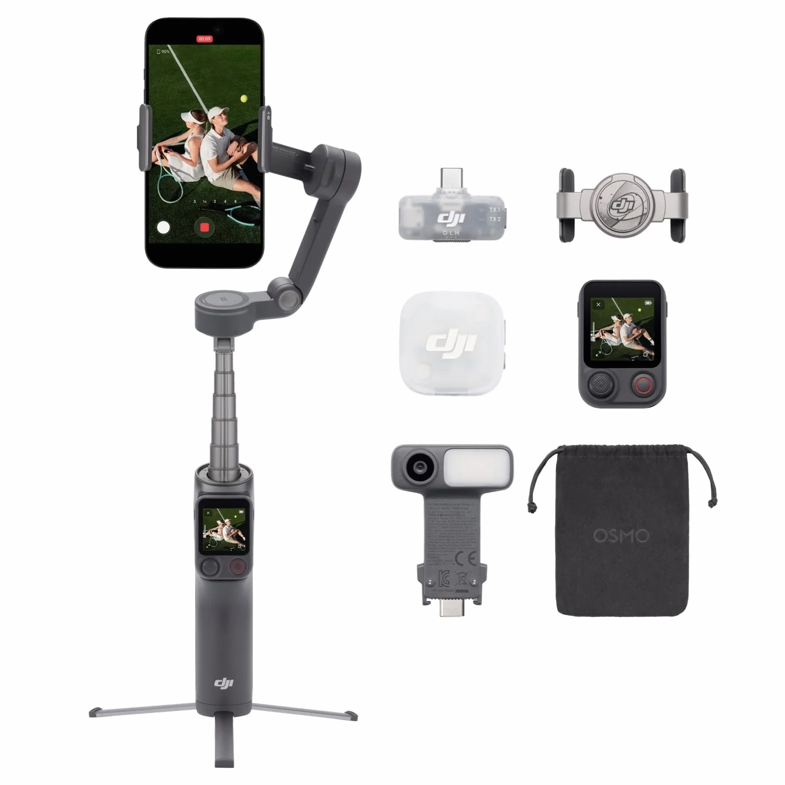 Osmo Mobile 8P+nadajnik Mic Mini 2, gimbal smartfon, mikrofon bezprzewodowy | Stabilizator do iPhone’a i Androida, szczegółowy dźwięk, DJI OsmoAudio, redukcja szumów, stabilizacja 3-osiowa
