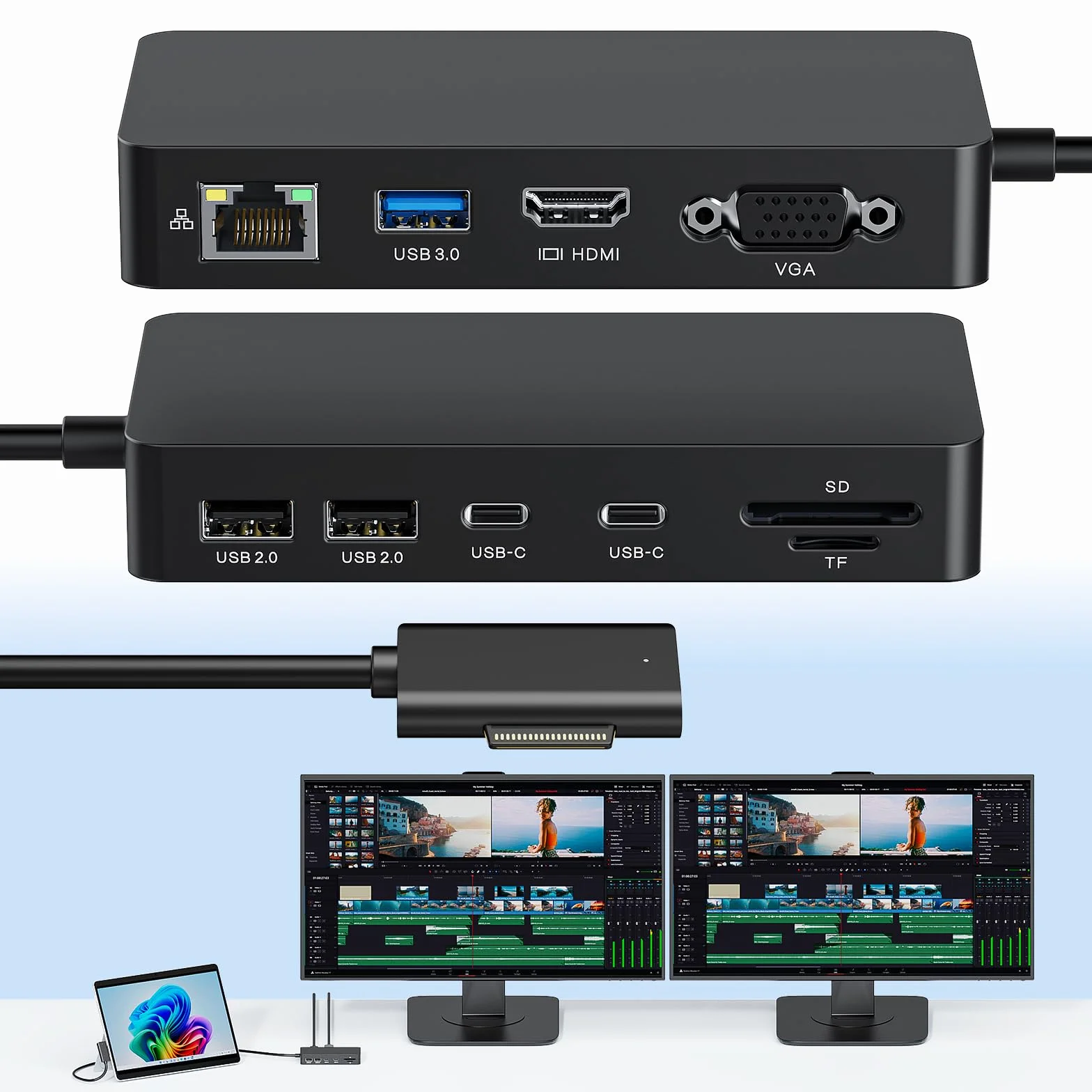 Stacja dokująca 11 w 1 do Surface Pro, Microsoft Surface Dock z dwoma ekranami, 4K 60 Hz HDMI+VGA, czytnik kart MS do Microsoft Surface Pro 11/10/9/8/X/7/6/5/4, Surface Laptop Go/7/6/5/4/3/2/1 Su