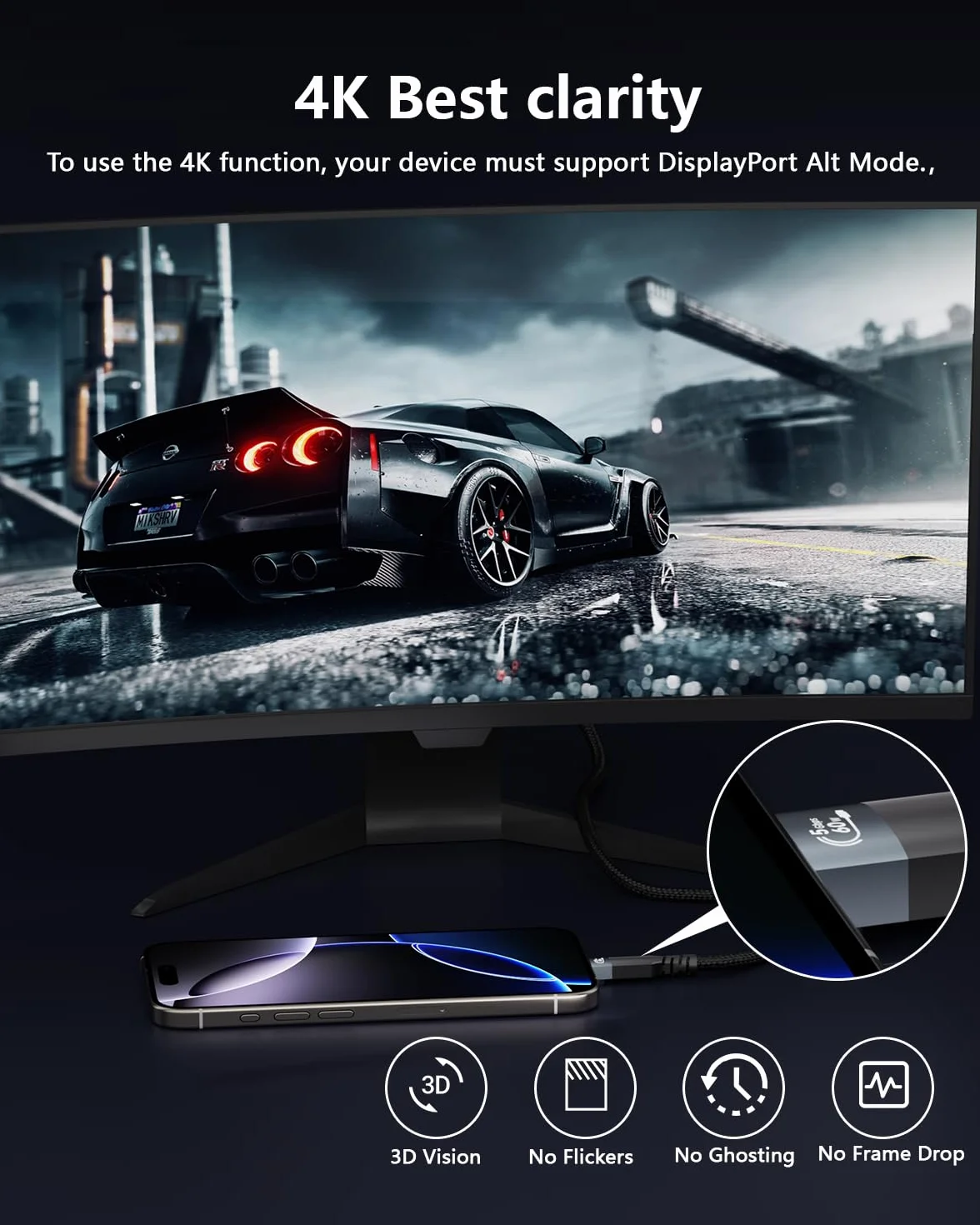 Bardzo długi kabel USB C na USBC, transmisja danych 5 Gb/s, szybkie ładowanie typu 60 W, PD 3.1, wyjście wideo 4K/60 Hz, czarny, pleciony design, uniwersalny do laptopa, stacji dokującej