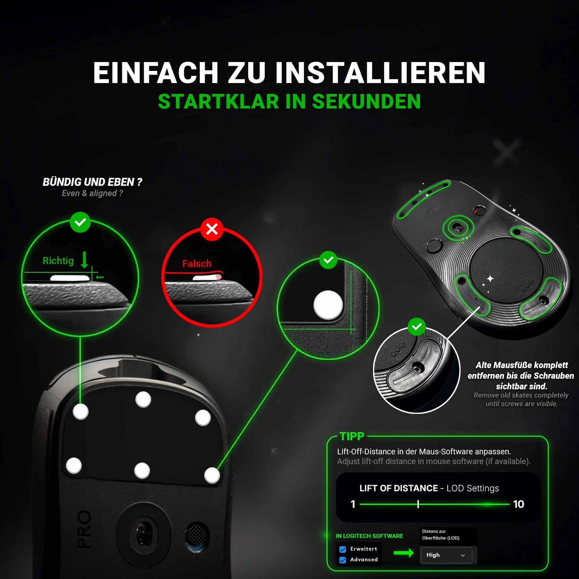 SensoryBoost ADS (d) Dot Skates (UPE) Uniwersalne nóżki pod mysz do równowagi między prędkością a kontrolą podkładki pod mysz z tkaniny i szkła (40 sztuk Ø 6,5 mm) zaokrąglone, ciche i bardzo