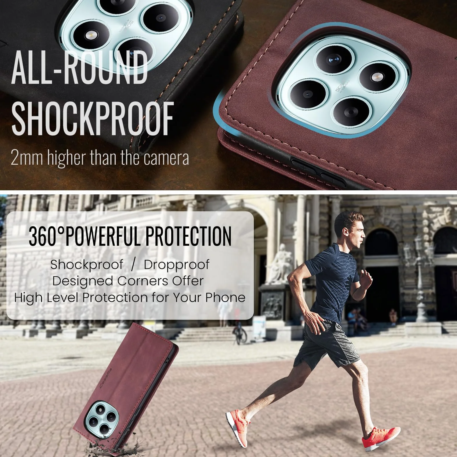 Portfel Etui do Xiaomi Redmi Note 15 4G Case, Skórzane PU z Klapką, Pełna Ochrona Przegródki na Karty Stojak Magnetyczna Kieszeń do Xiaomi Redmi Note 15 4G, Czerwone wino