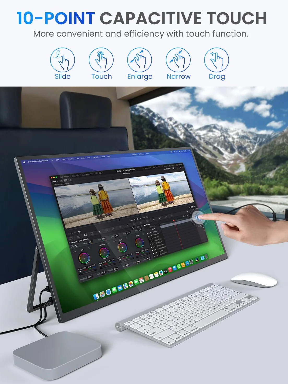 UPERFECT Przenośny monitor 2K 22", ekran dotykowy z wyświetlaczem IPS 2560 x 1440, mini HDMI, USB C, do komputera, laptopa, telefonu komórkowego, Xbo Switch PS4/5, kompatybilny z VESA