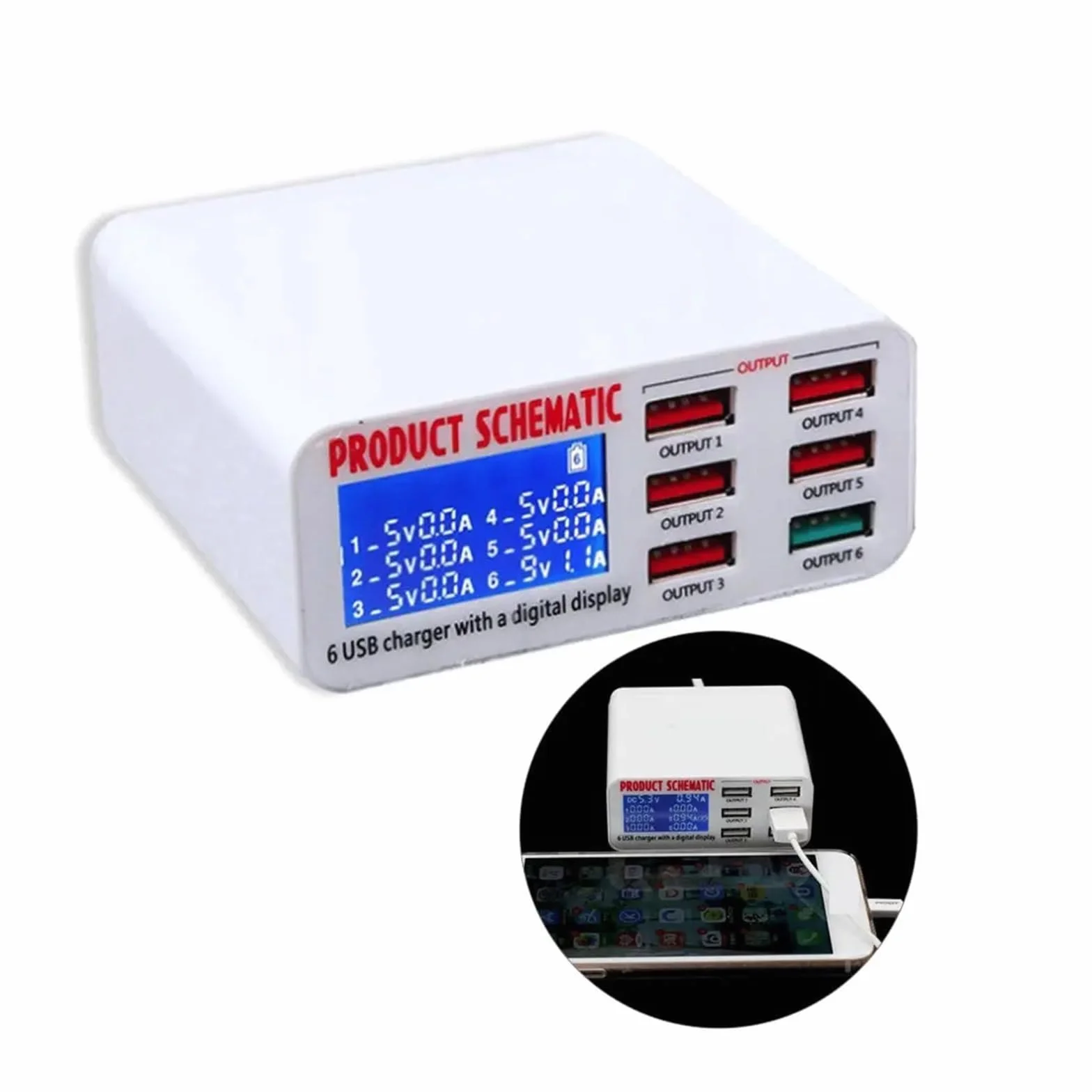 6-portowa Ładowarka USB HUB Szybka Wieloportowa Stacja Ładująca Wyświetlacz LED Do Smartfonów MożLiwość Szybkiego łAdowania