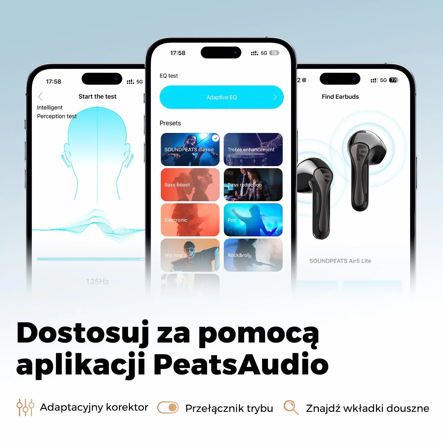SoundPEATS Air5 Lite Bezprzewodowe słuchawki douszne o wysokiej rozdzielczości, słuchawki Bluetooth 5.4 z 4 mikrofonami, słuchawki LDAC Półuszne dźwięk stereo, 30 godz., Kontrola aplikacji