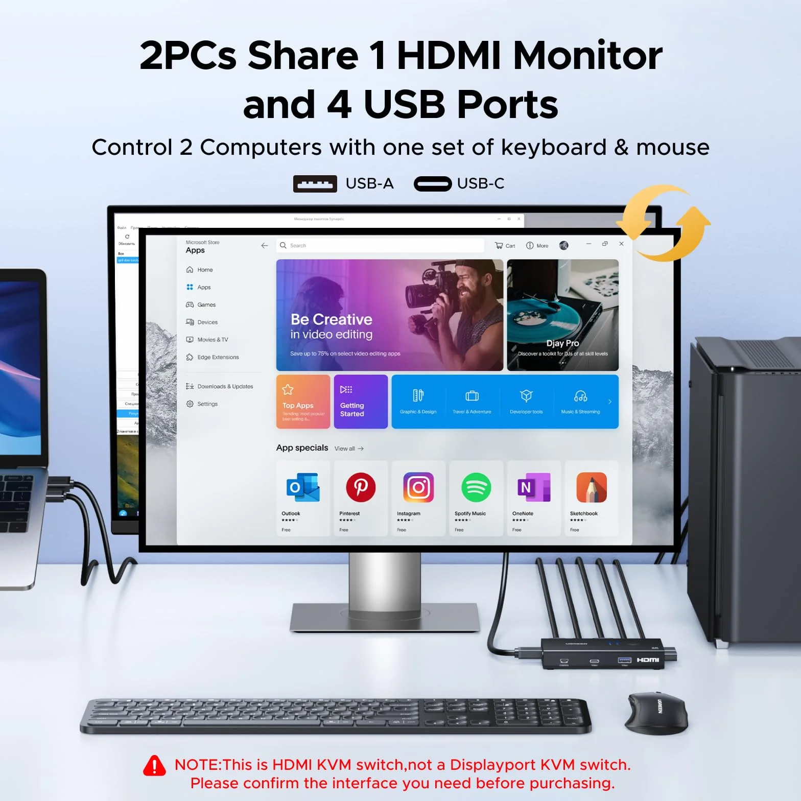 UGREEN Przełącznik KVM HDMI 2.0 2 komputery 1 monitor 4K@60Hz z 4 portami USB 3.0 (3*USB A+ USB C) Przełączanie klawiatury i kontrolera pulpitu Kompatybilny z systemami Windows/Linux/MacOS