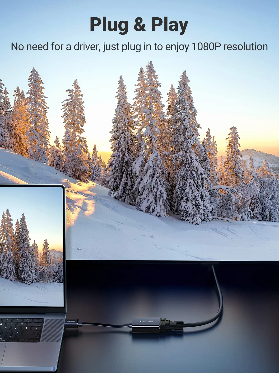 UGREEN Adapter HDMI na VGA, 1080P, HDTV, aktywna transmisja audio, kabel konwerterowy, obsługuje komputer PC, laptop, Chromebook, Raspberry Pi, czarny