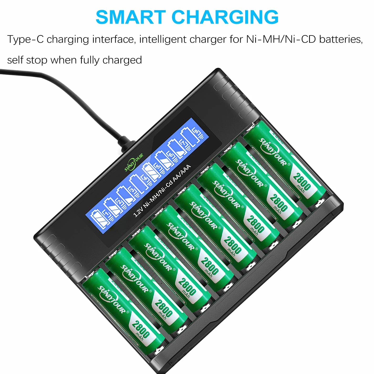 2800mAh Ni-MH AA Bateria z ładowarką,SUNLYTOUR 8 Sztuki 2800mAh AA Ni-MH Baterie z 8 Gniazdami AAA AA Ładowarka,Ładowanie do 1200 Cyklów