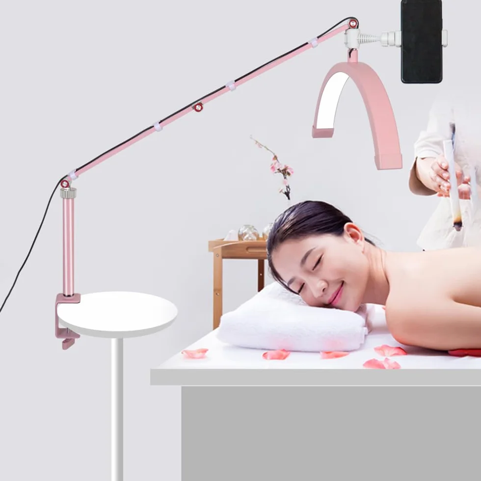 Andoer Lampa wideo LED, półksiężyc, 3000 K - 6000 K, ściemniana z zaciskiem C, do montażu na stole, stojak świetlny do salonu piękności, makijażu, streamingu na żywo, lampka nocna