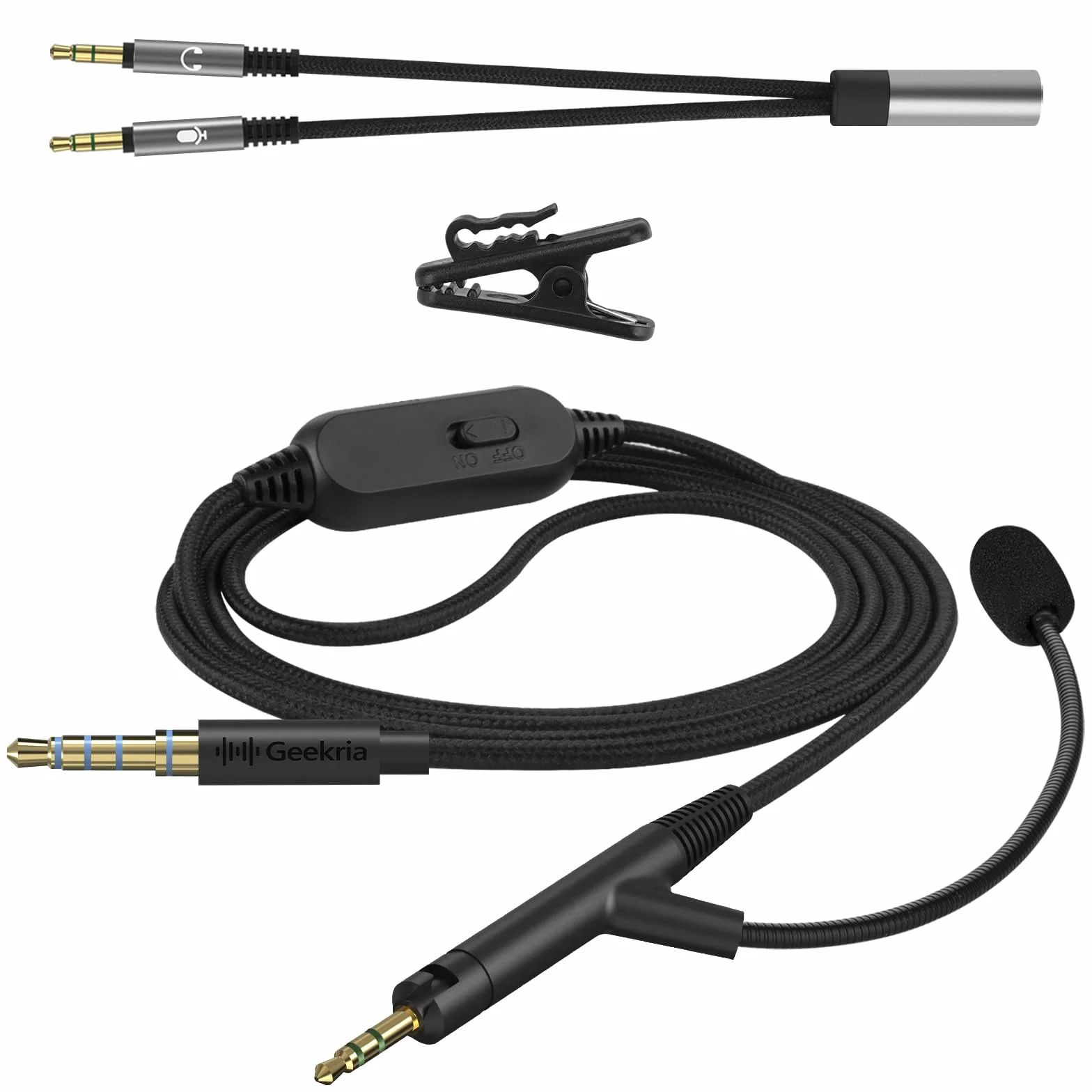 Geekria kabel do słuchawek z mikrofonem typu boom kompatybilny z ATH-M70x/M50x/M40x, wtyk 2,5 mm, nylonowy pleciony zamiennik z mikrofonem boom i sterowaniem głośność/cisza (5,6 ft)