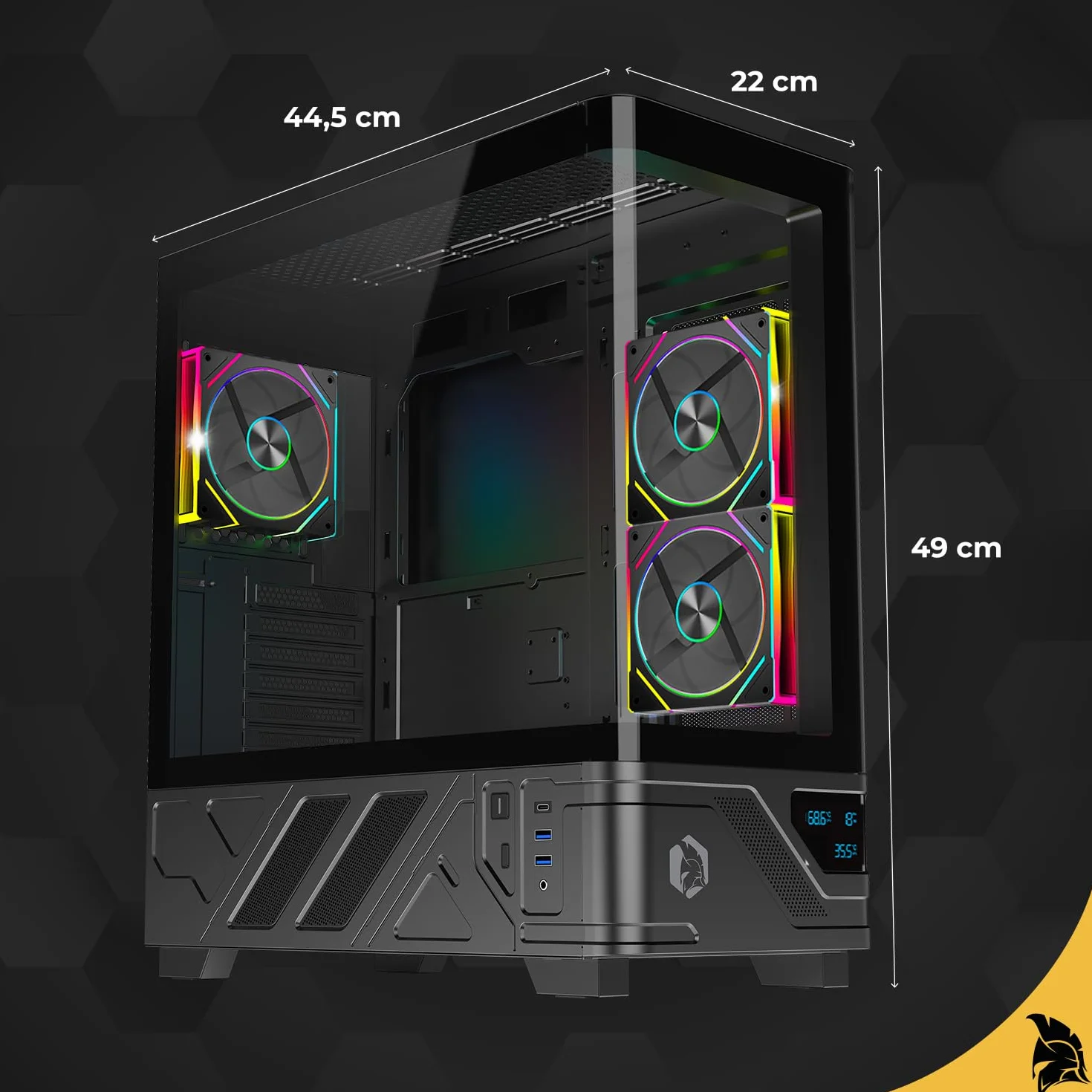 EMPIRE GAMING ECM252 Średnia wieża obudowa do gier - wbudowany cyfrowy wyświetlacz (temperatura procesora/GPU, RPM) - 3 wentylatory ARGB - kompatybilne z ATX, Micro-ATX, ITX - USB C (czarny)