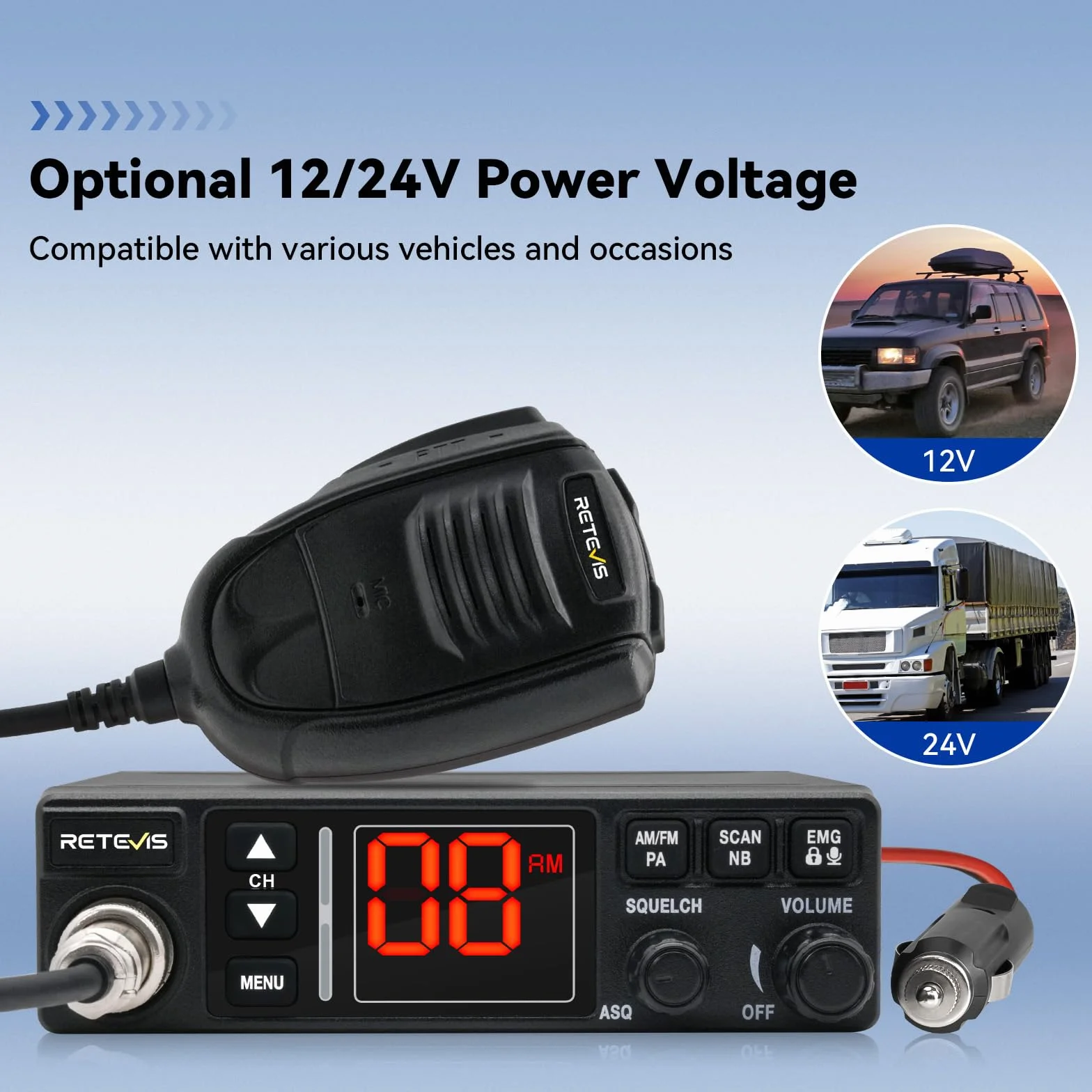 Retevis MB63A CB radio AM/FM CB z systemem odprowadzania ciepła/PA 12/24V, filtr szumów NB/ANL, VOX, EMG CH9/19, radiotelefon do samochodów kempingowych (1 sztuka, czarne)