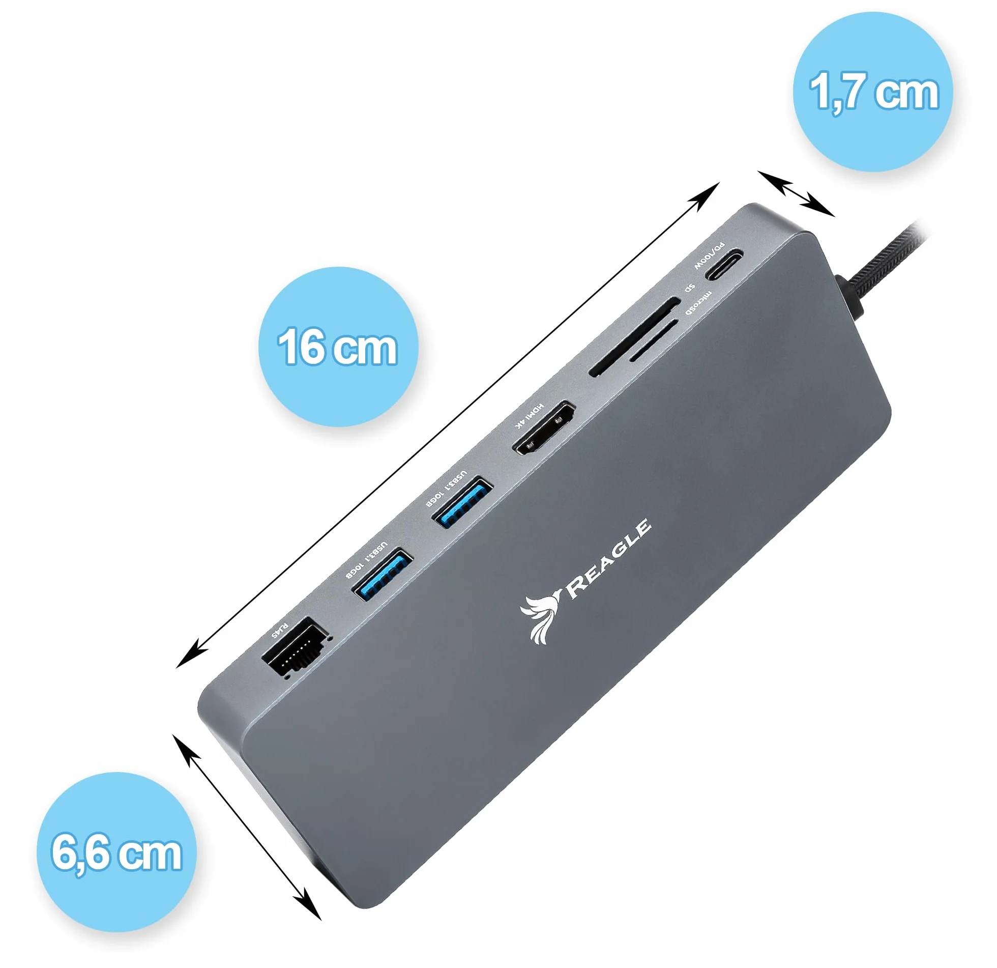 Reagle Koncentrator USB-C 10 w 1 z obudową M.2 SSD, 4K 60 Hz HDMI, 100 W PD, 10 Gbps USB 3.2 Gen 2, RJ45 Gigabit Ethernet, czytnik kart SD/microSD – kompatybilny z Windows, MacOS, Android, NVMe/SATA