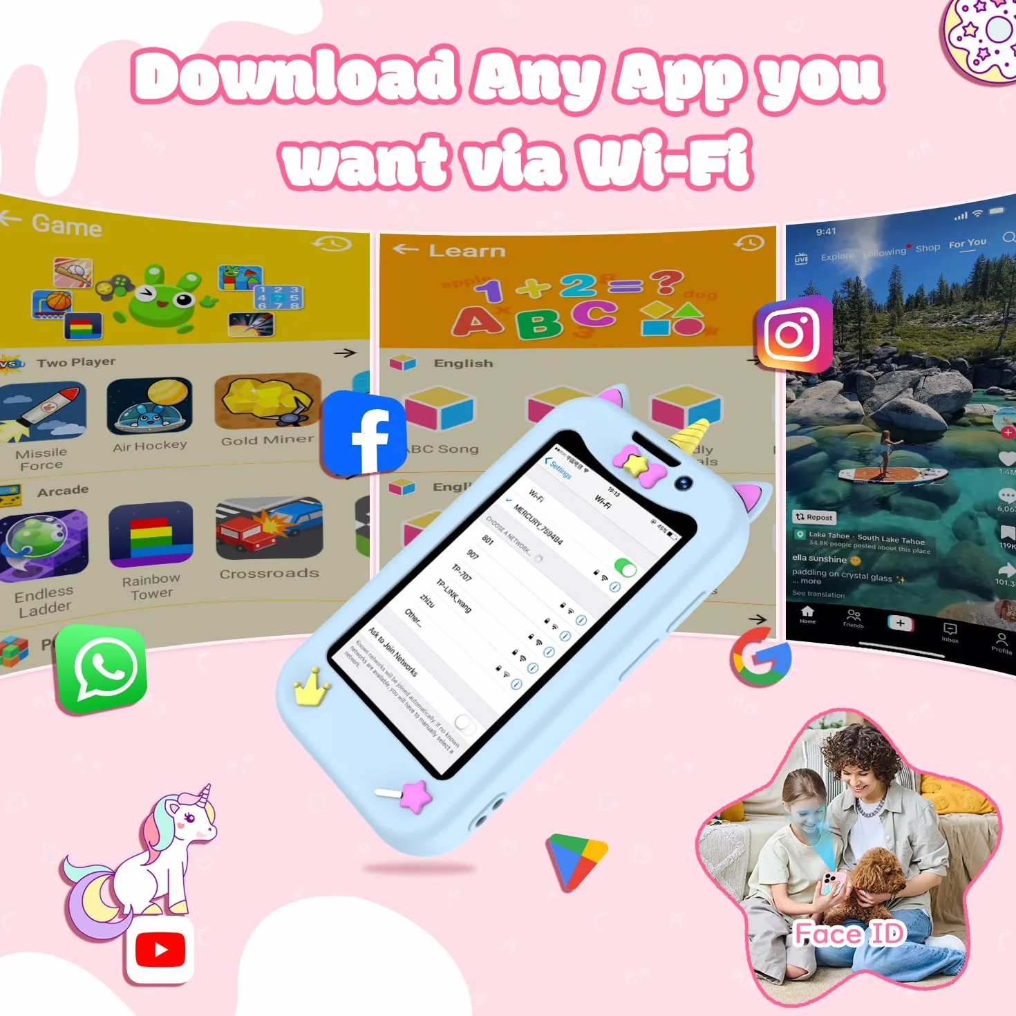 Mini smartfon jednorożec, 3-calowy ekran dotykowy HD, smartfon dla dzieci, podwójny aparat, rozpoznawanie twarzy, MP3/GPS, programowane włączanie/wyłączanie, odblokowany mały smartfon prezent