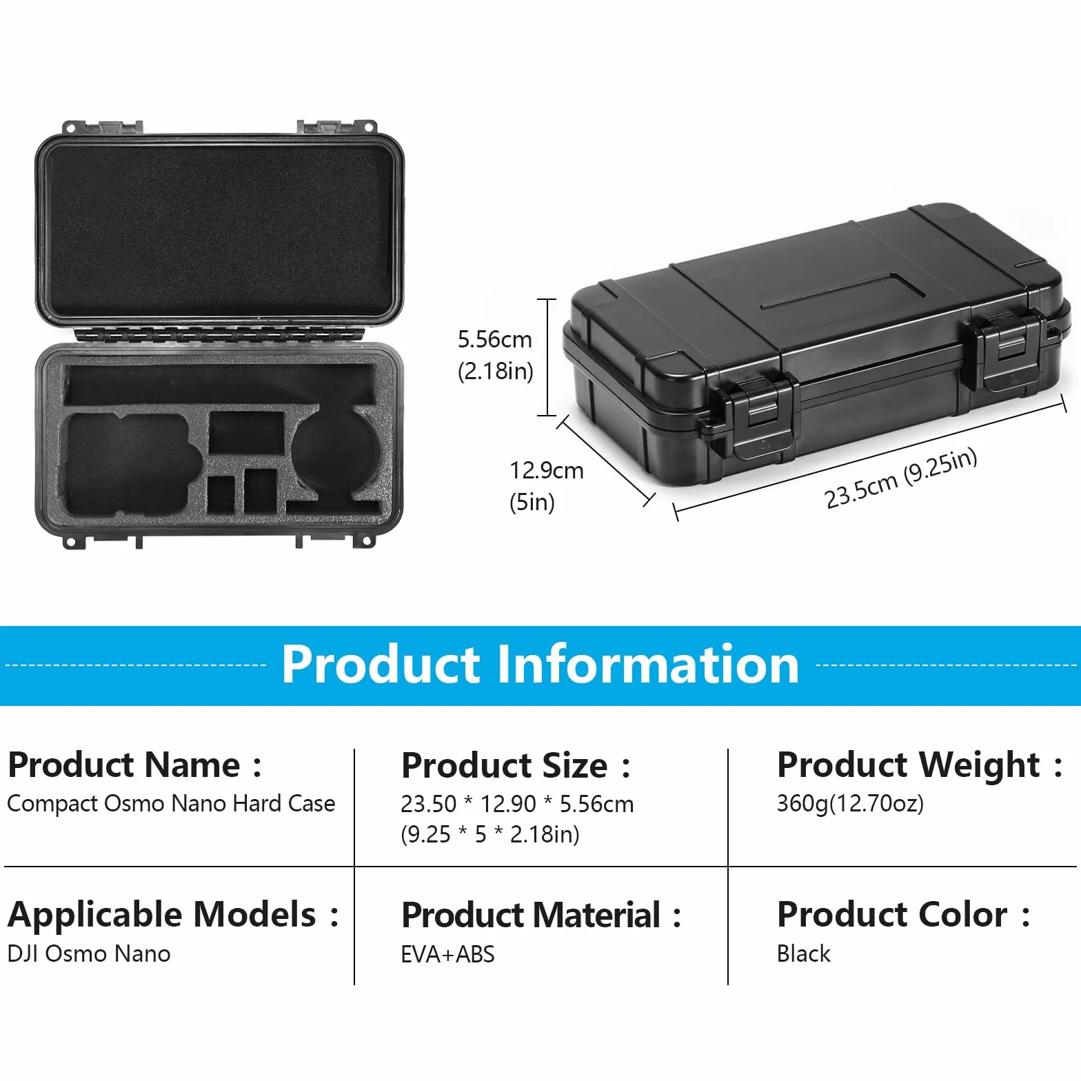 AMAZEAR Twarde Etui na Akcesoria do DJI Osmo Nano, Twarda Obudowa Chroniąca DJI Osmo Nano do Przechowywania, Podróży, Łatwego Przenoszenia, Wodoodporne Etui EVA + ABS - Czarny