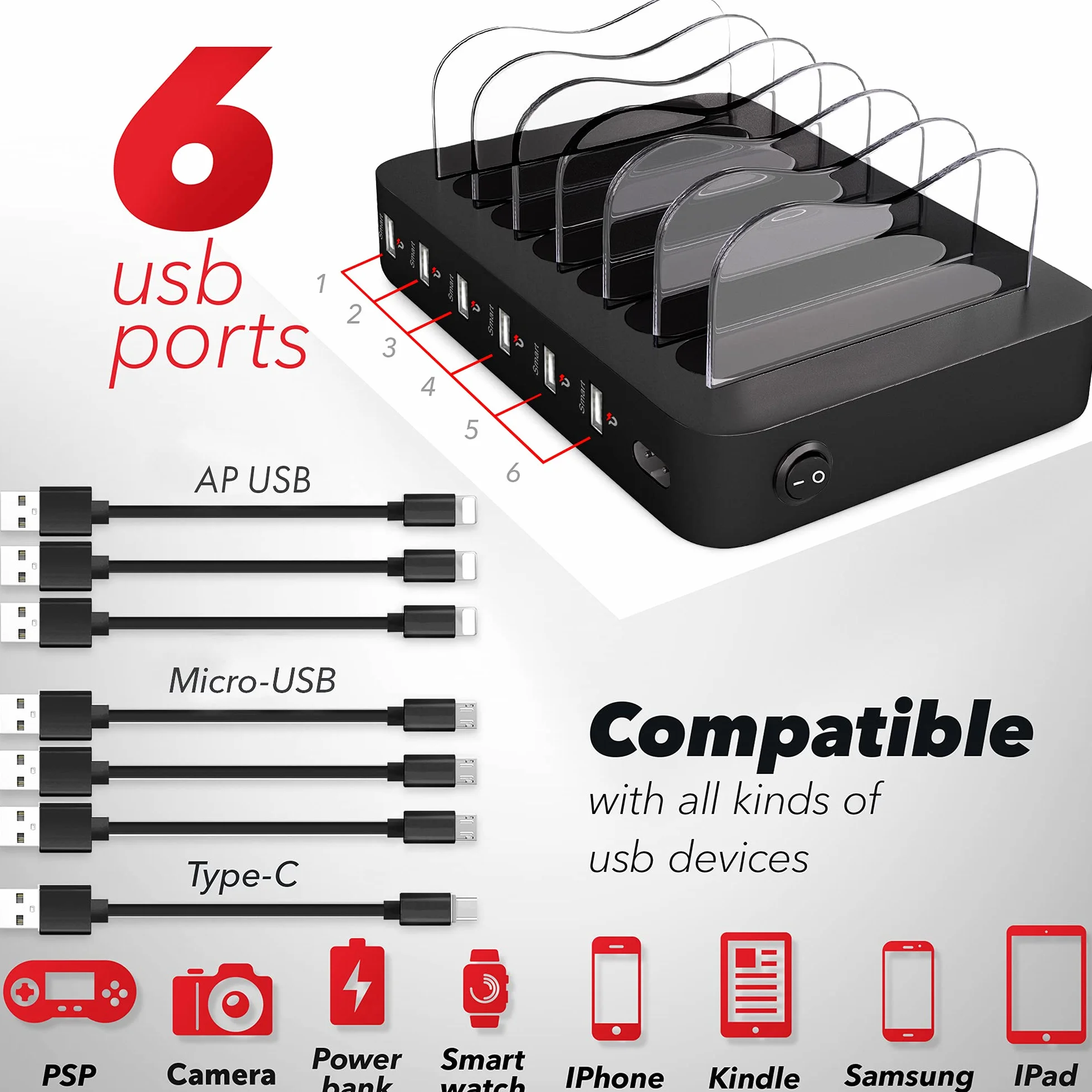 6-portowa stacja ładująca USB do wielu urządzeń Apple, kompatybilna z telefonami komórkowymi i tabletami Apple iPad iPhone i Android